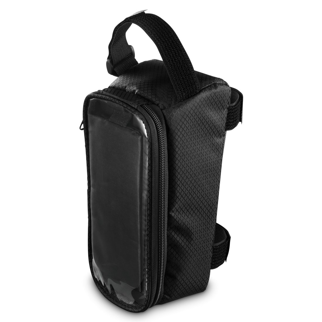 Czarna torba rowerowa z przezroczystym oknem i zamkiem.