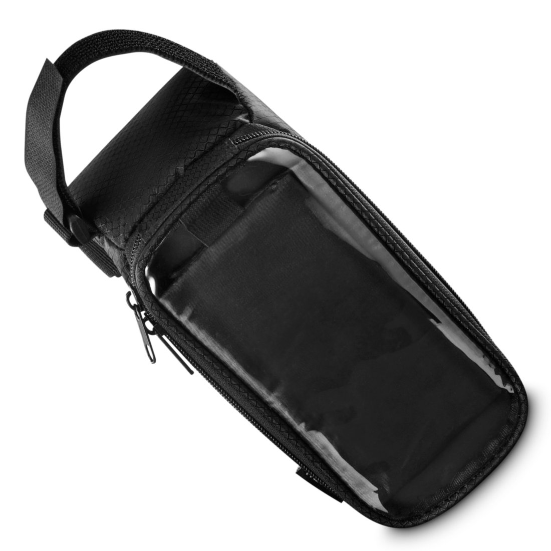 Czarna torba rowerowa z przezroczystym oknem i zamkiem.