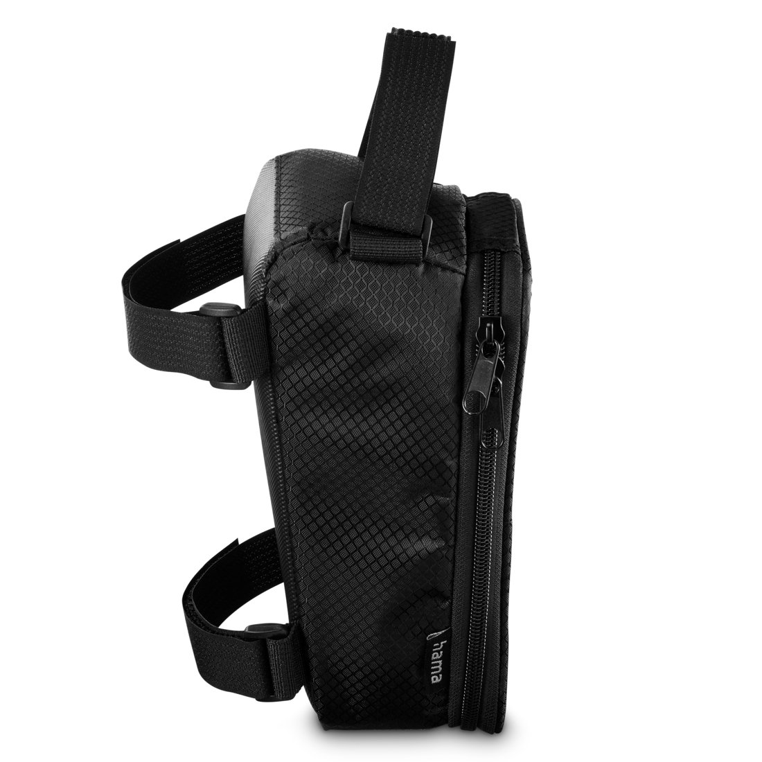 Czarna torba rowerowa z paskami na rzepy i zamkiem błyskawicznym.