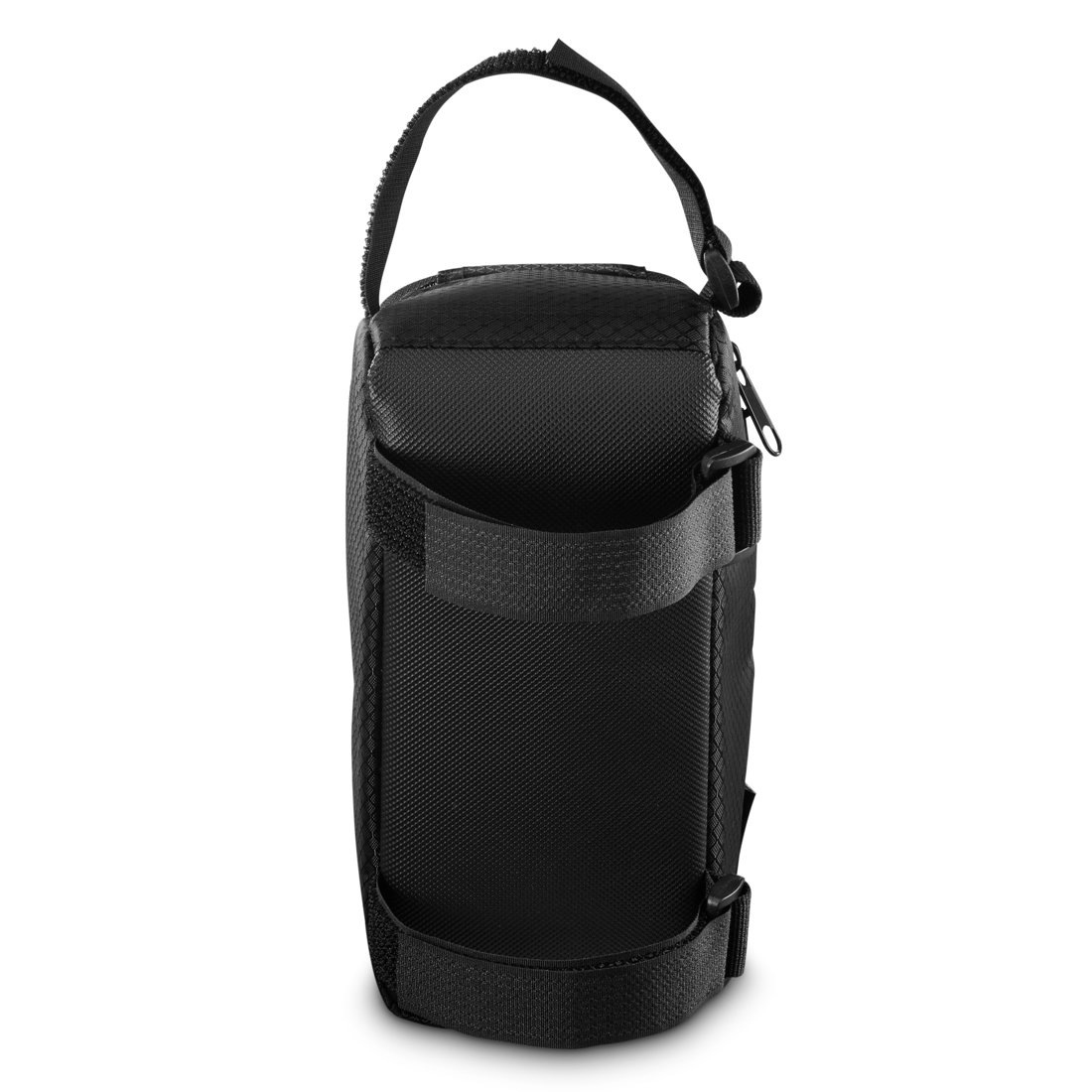 Czarna torba materiałowa z paskiem na uchwyt, zamkiem błyskawicznym i pętelkami.