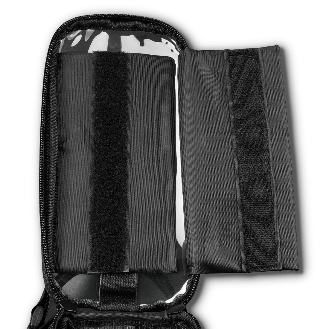 Otwarta czarna torba z paskami na rzepy i przezroczystą wkładką.