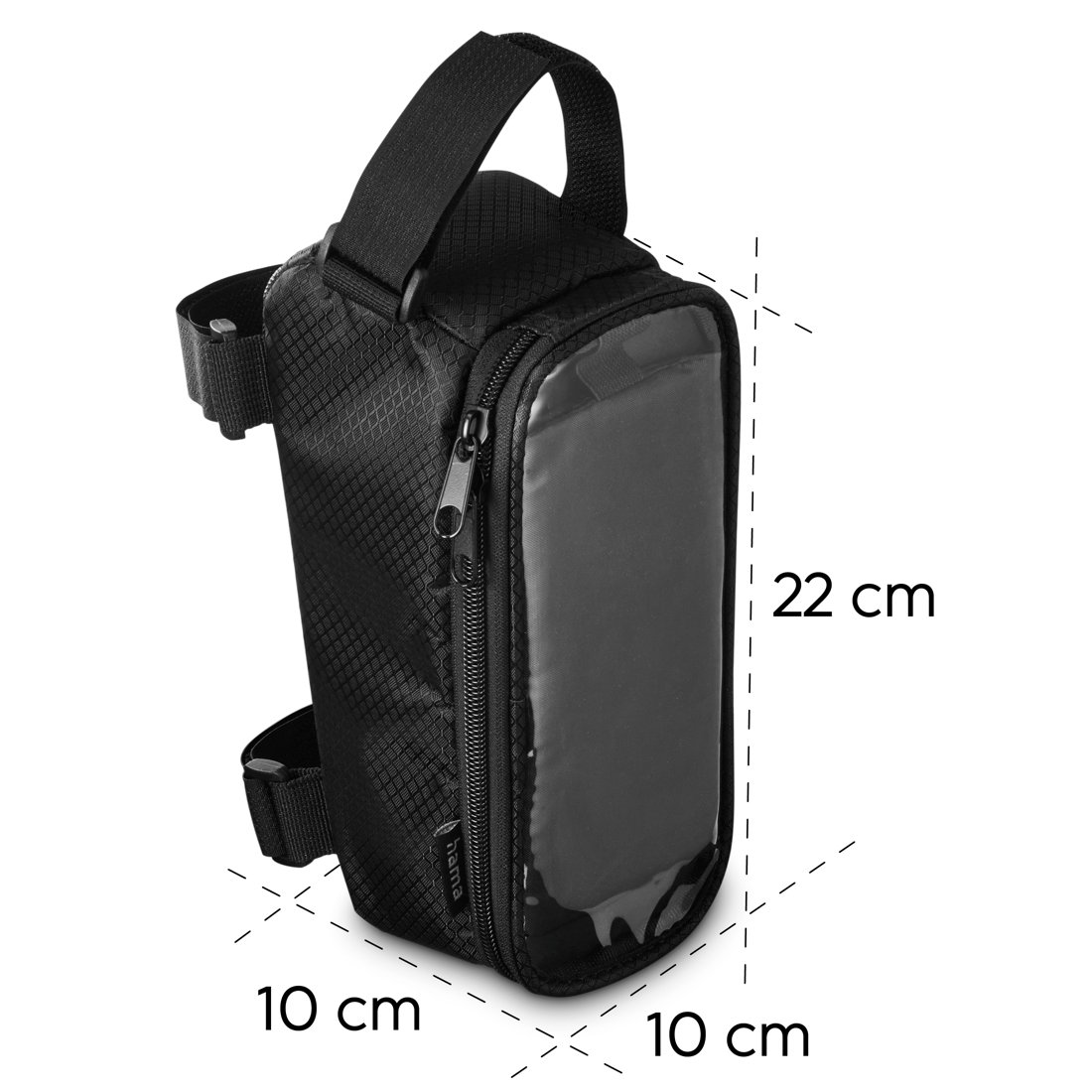 Czarna torba rowerowa z przezroczystym oknem, 22x10x10 cm.