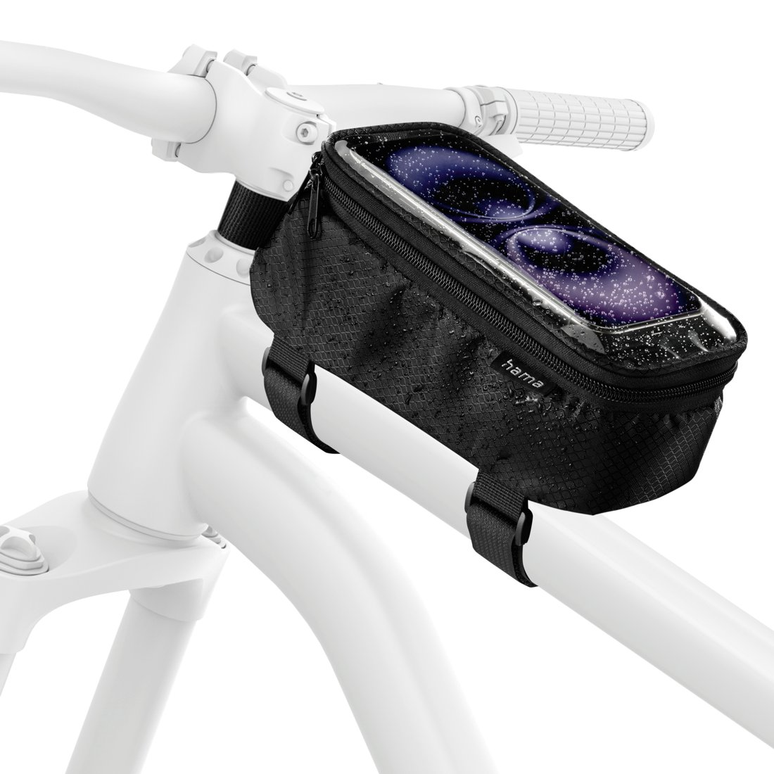 Czarna torba rowerowa z przezroczystą kieszenią na telefon, przymocowana do białej ramy.