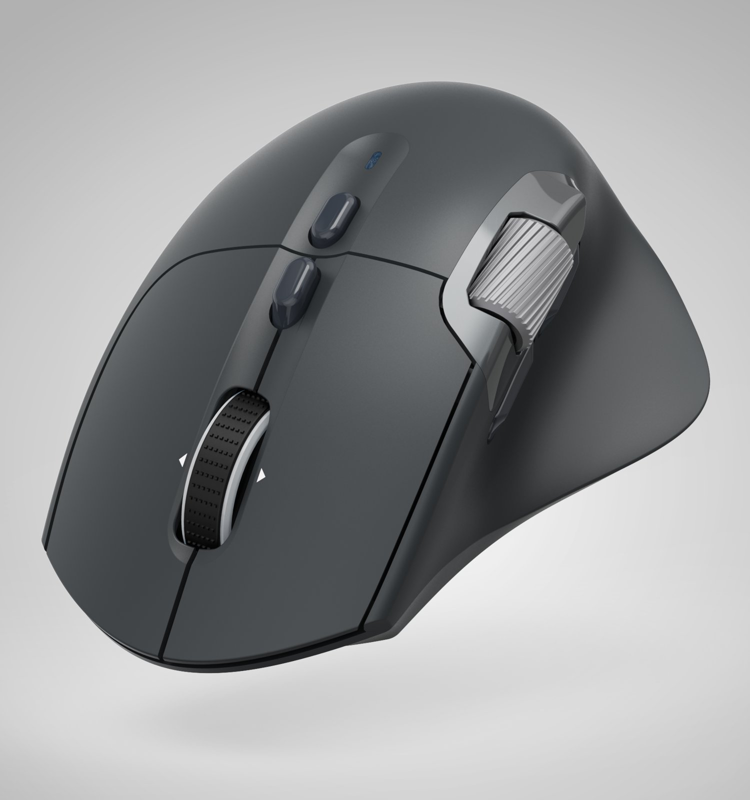 Un mouse scuro per computer con rotellina di scorrimento e due pulsanti.