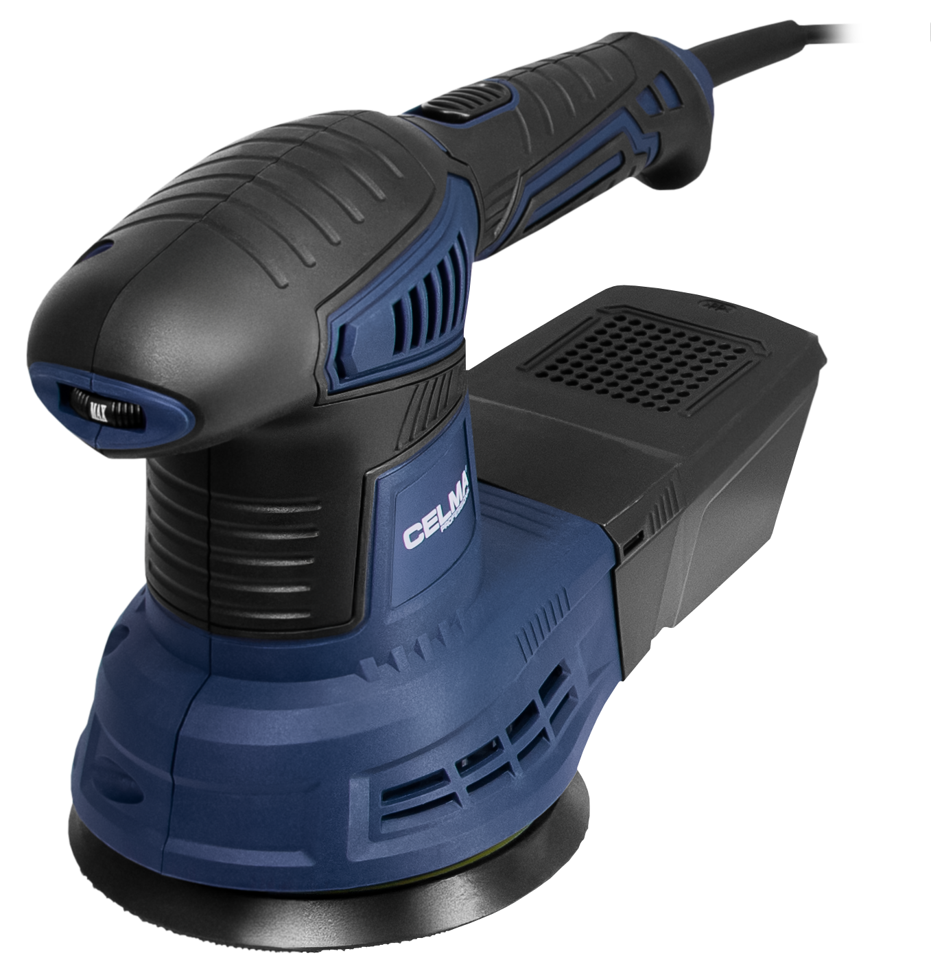 Niebieska i czarna szlifierka z kablem na czarnym tle.