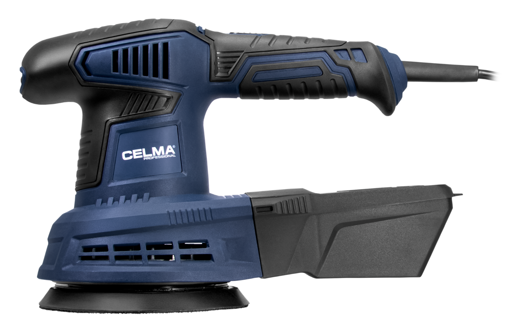 Niebiesko-czarna szlifierka z odsysaczem pyłu, na czarnym tle.