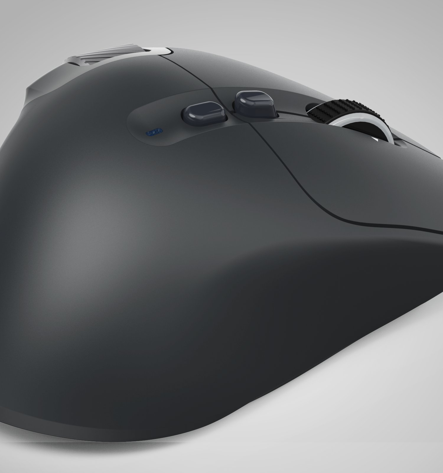 Mouse per computer grigio scuro con rotella di scorrimento e pulsanti.