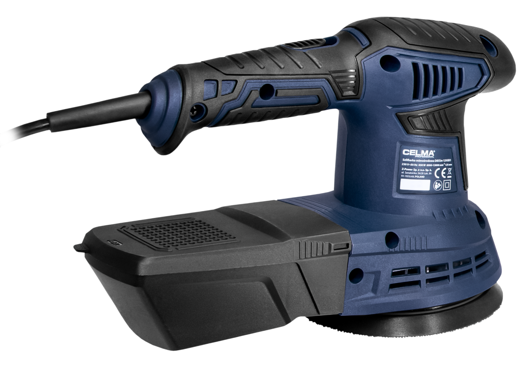 Niebiesko-czarna szlifierka oscylacyjna z pojemnikiem na kurz na czarnym tle.