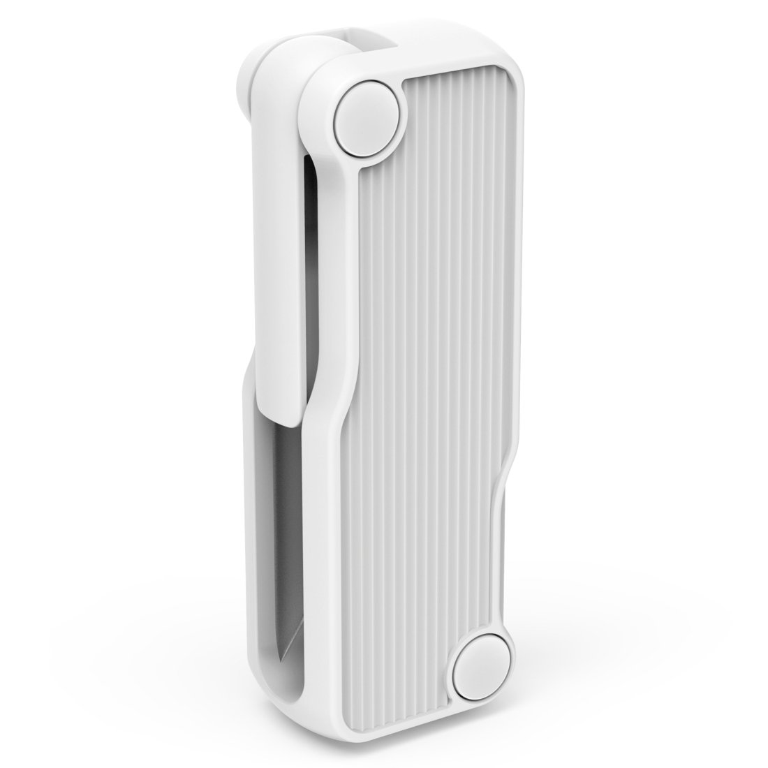 Białe, składane urządzenie z żebrowaną powierzchnią i okrągłymi akcentami.