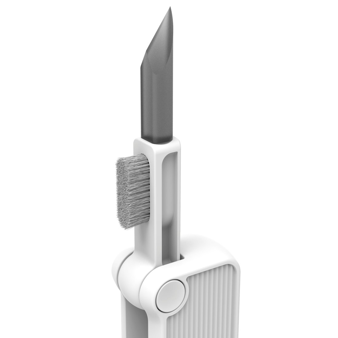 Białe narzędzie czyszczące z metalową końcówką i szczotką.