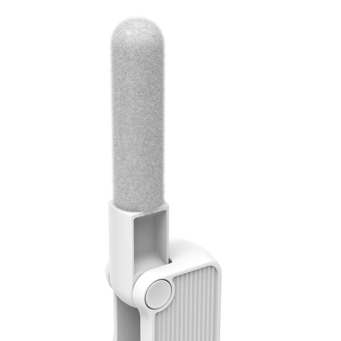 Biały wałek do usuwania kłaczków z szarą, puszystą główką na białym tle.