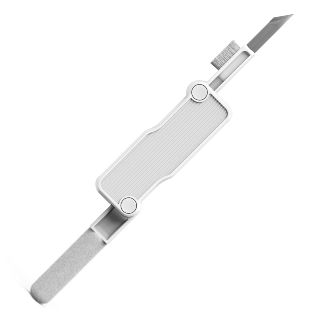 Białe narzędzie wielofunkcyjne z pędzelkiem, ostrzem i gąbką na białym tle.