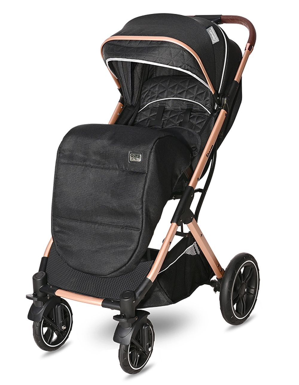 Schwarzer Kinderwagen mit kupferfarbenem Rahmen und braunem Griff.