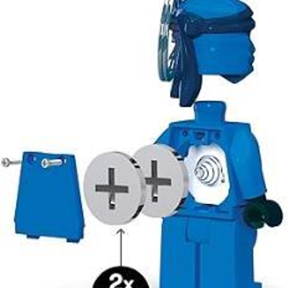 Mavi Lego figürü, 2 pil, vida ve başlık.