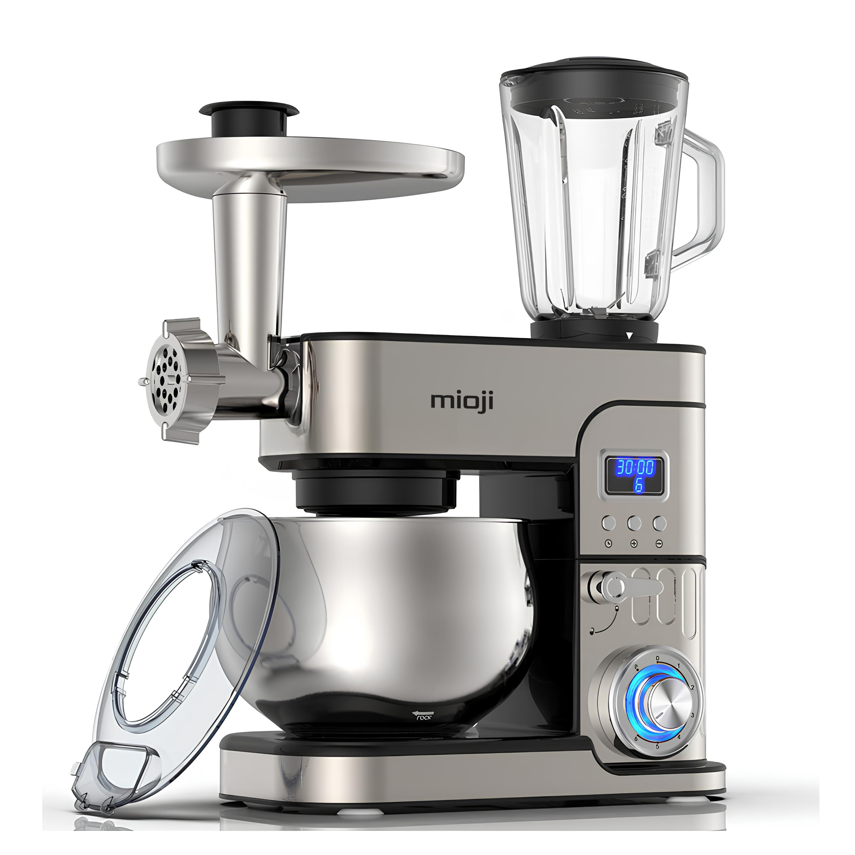 Gümüş mutfak stand mikseri, kıyma makinesi ve cam blender.