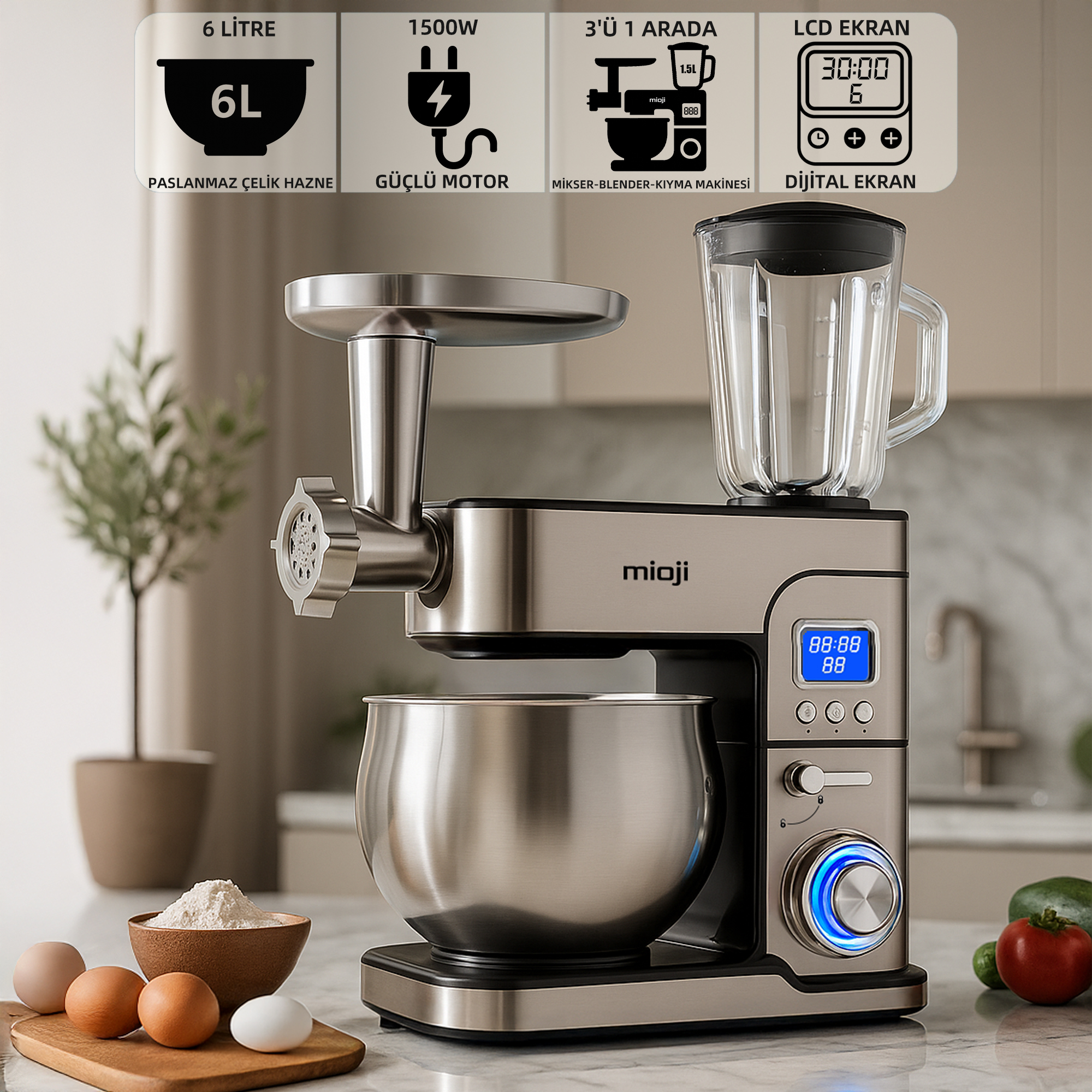 Gümüş rengi mutfak mikseri, kase, kıyma makinesi ve blender aparatı.