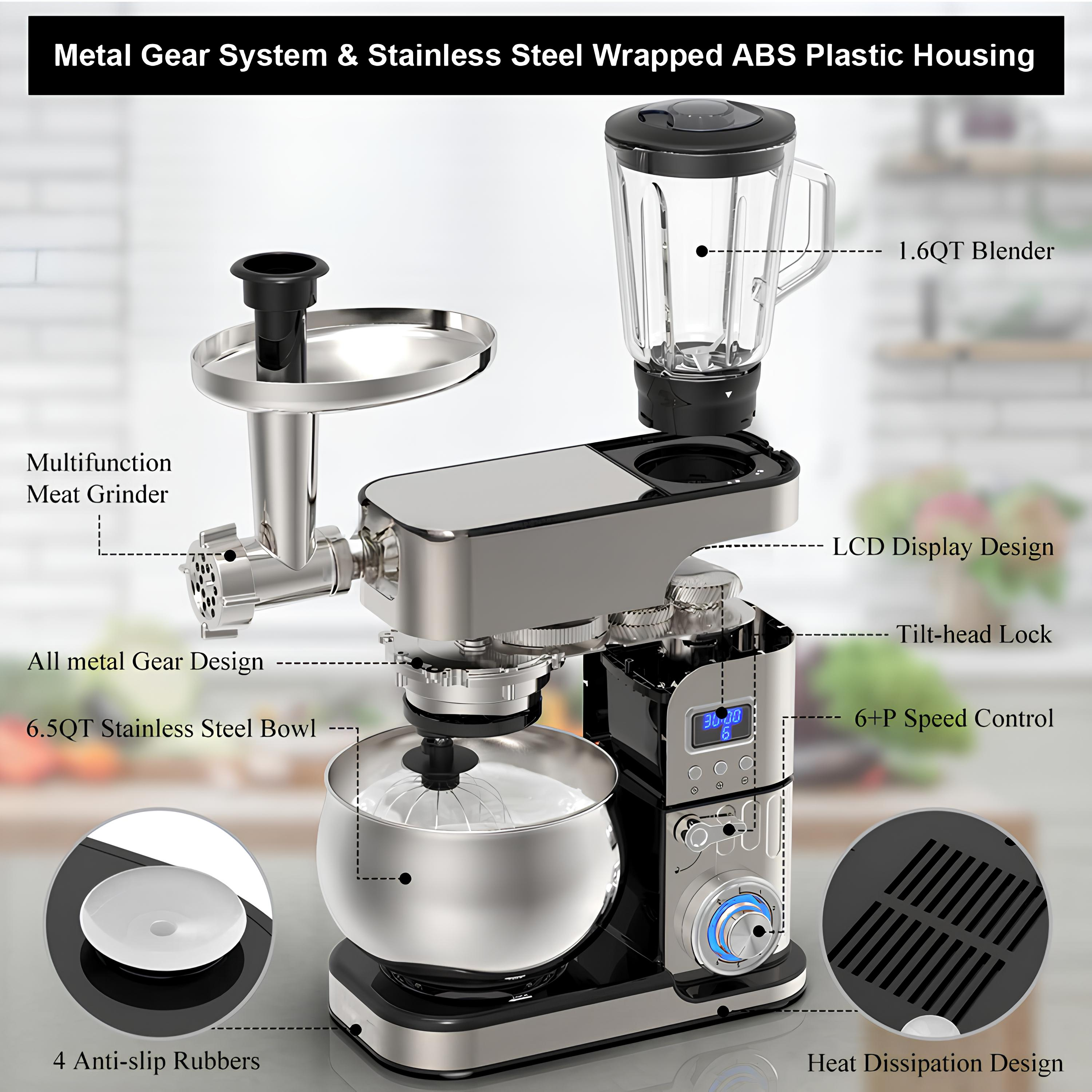 Kıyma makinesi aparatlı, 1,6 QT blenderli ve 6,5 QT kaplı stand mikseri.
