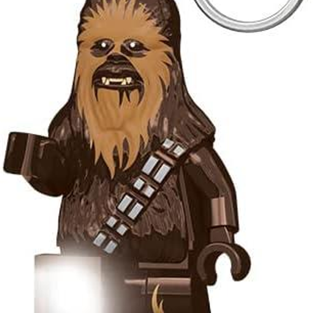 Una figura marrón de Lego Chewbacca con un bandolero.