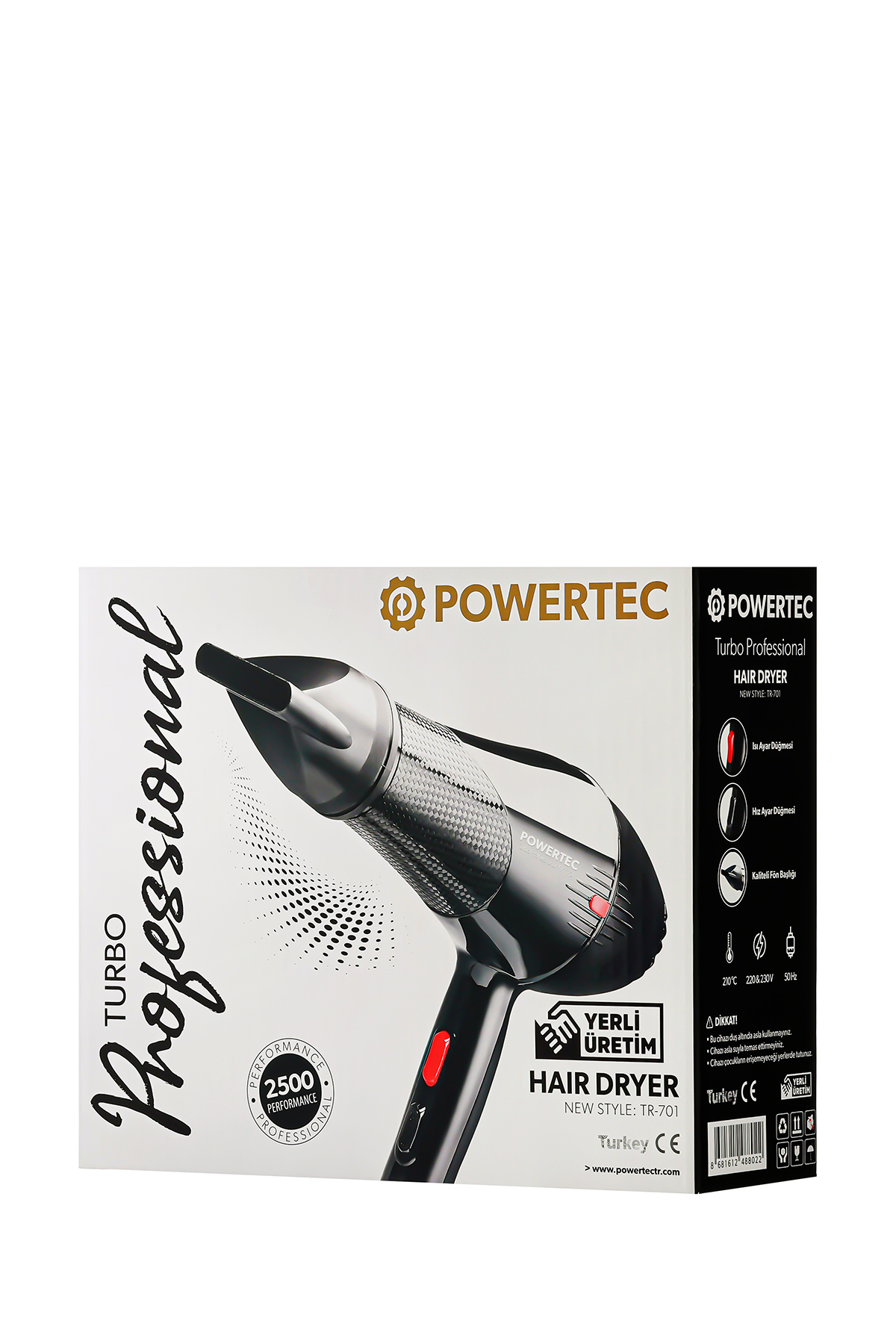 Beyaz kutu üzerinde gümüş detaylı siyah Powertec saç kurutma makinesi.