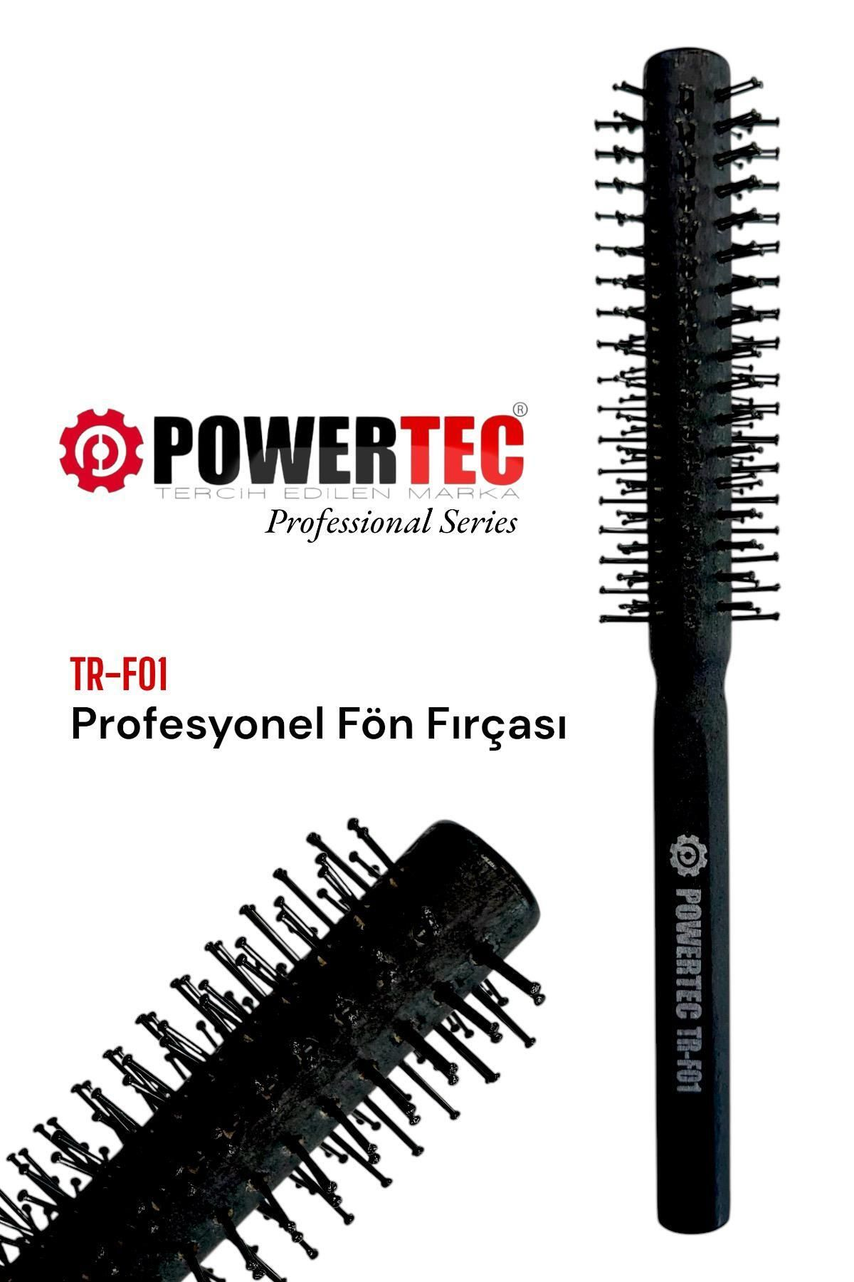 POWERTEC logolu ve TR-F01 model numaralı siyah yuvarlak fön fırçası.