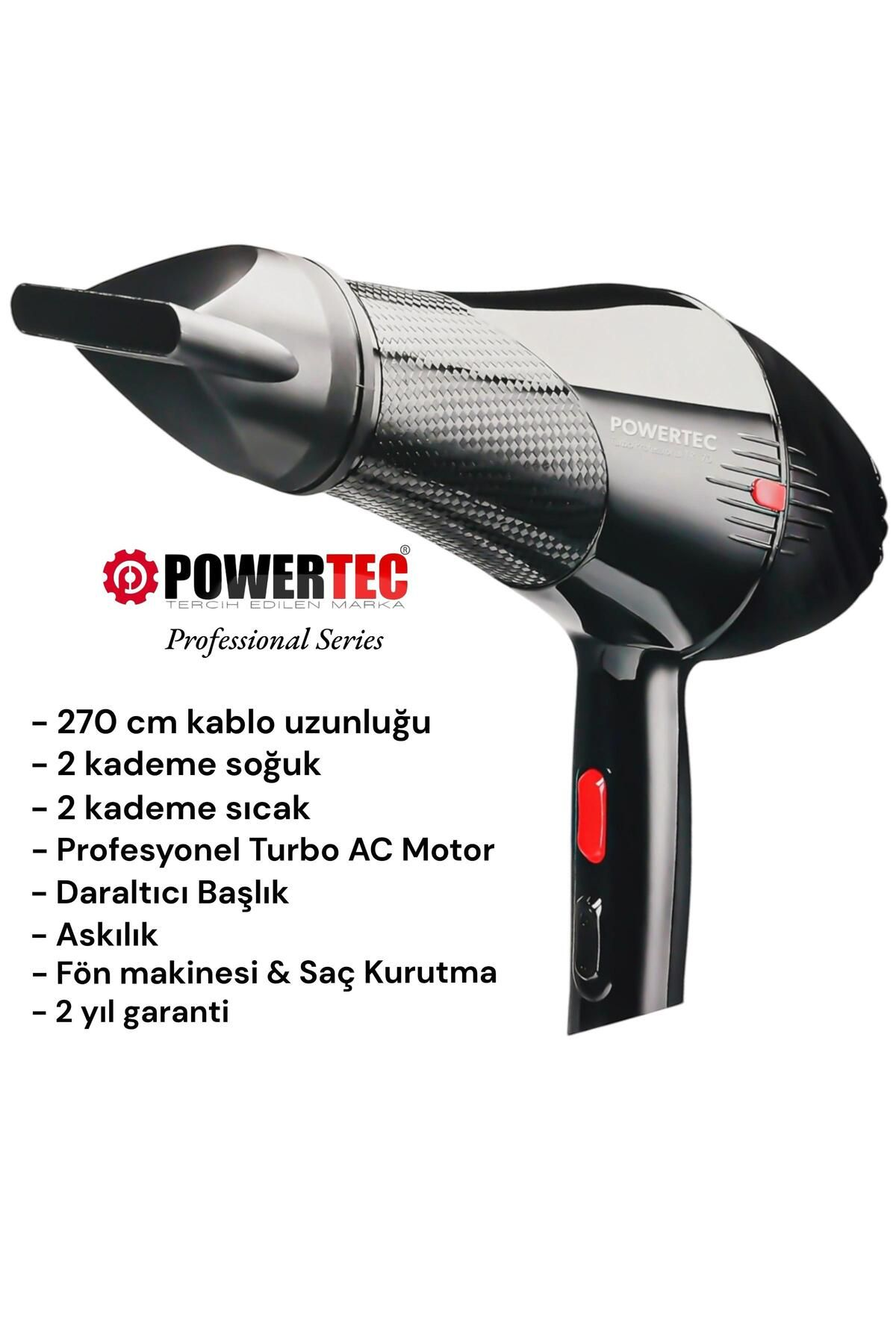 Kırmızı detaylı ve Powertec logolu siyah saç kurutma makinesi. 270cm kablo.