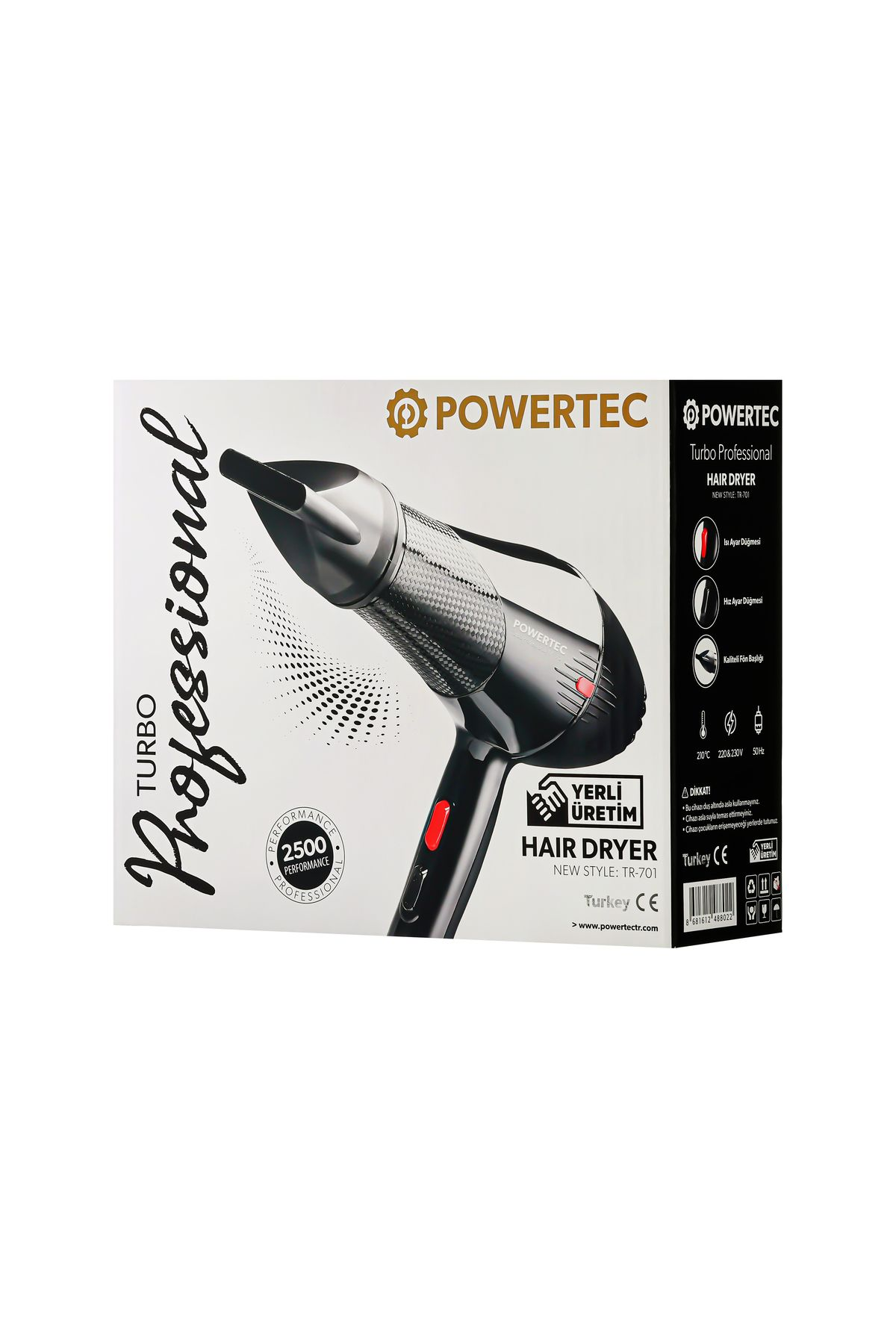 Siyah Powertec saç kurutma makinesi, kırmızı vurgular ve marka yazısı.