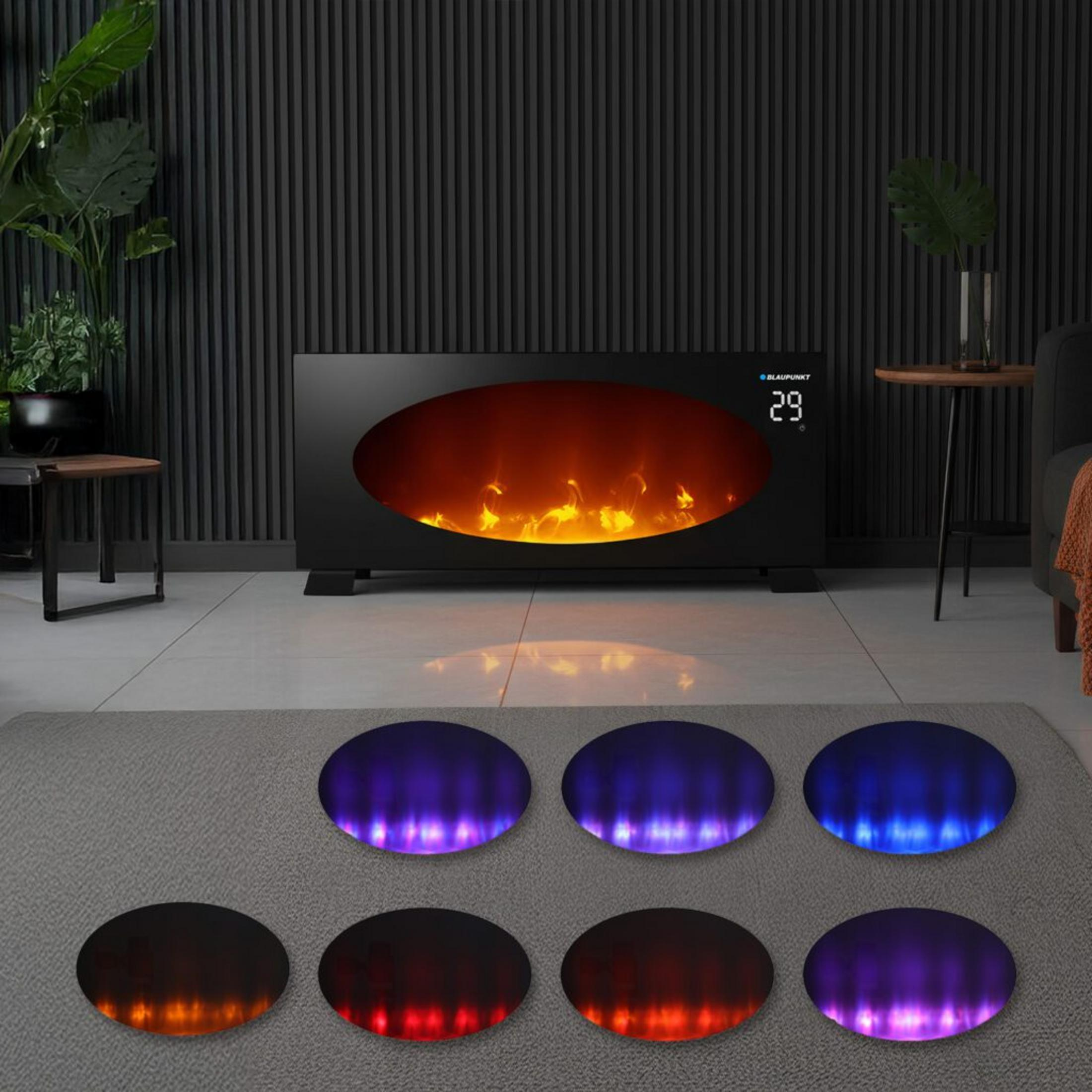 Camino elettrico con display fiamme e opzioni colore.