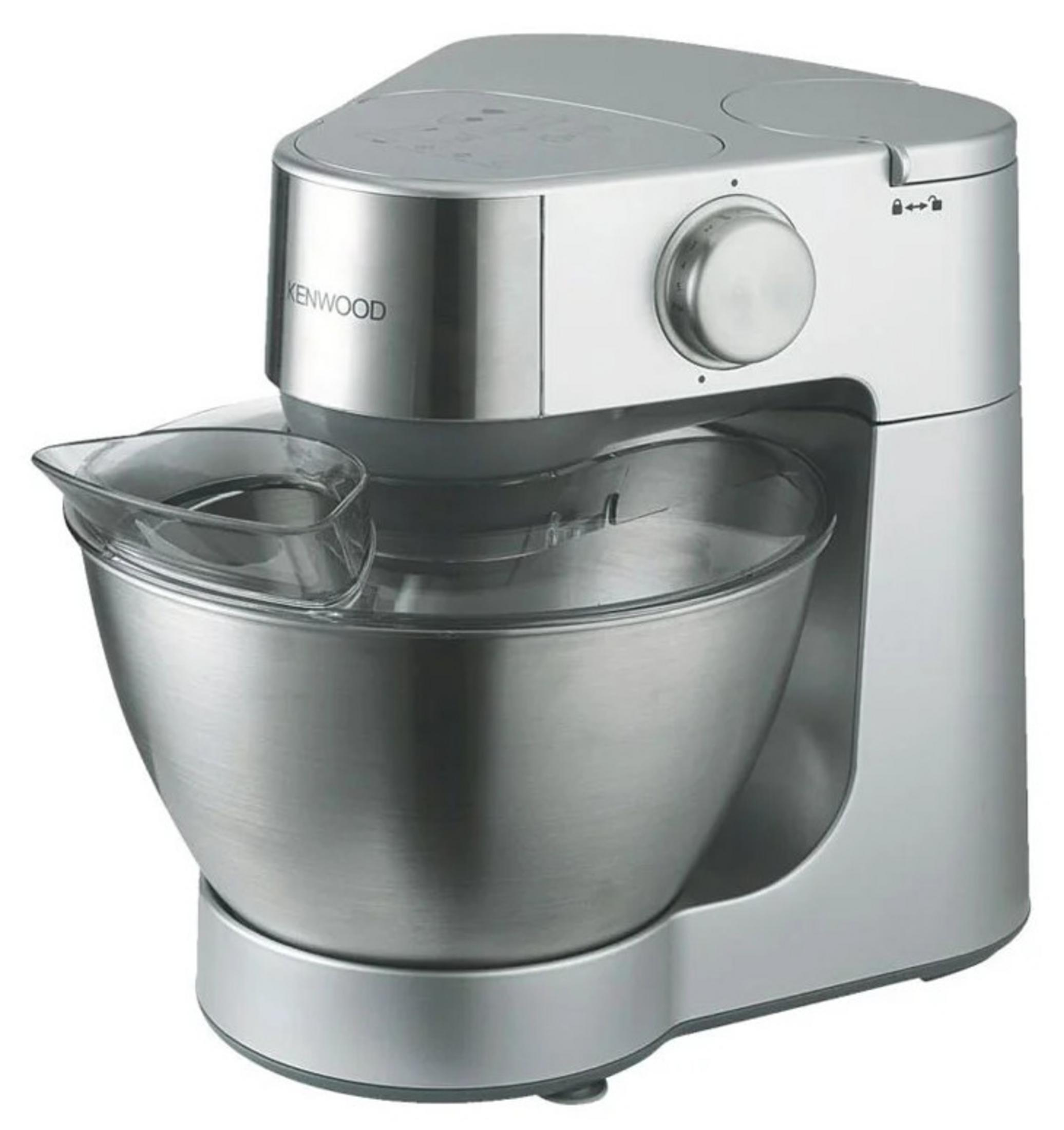 Srebrny robot kuchenny Kenwood ze stalową misą i osłoną przeciwbryzgową.