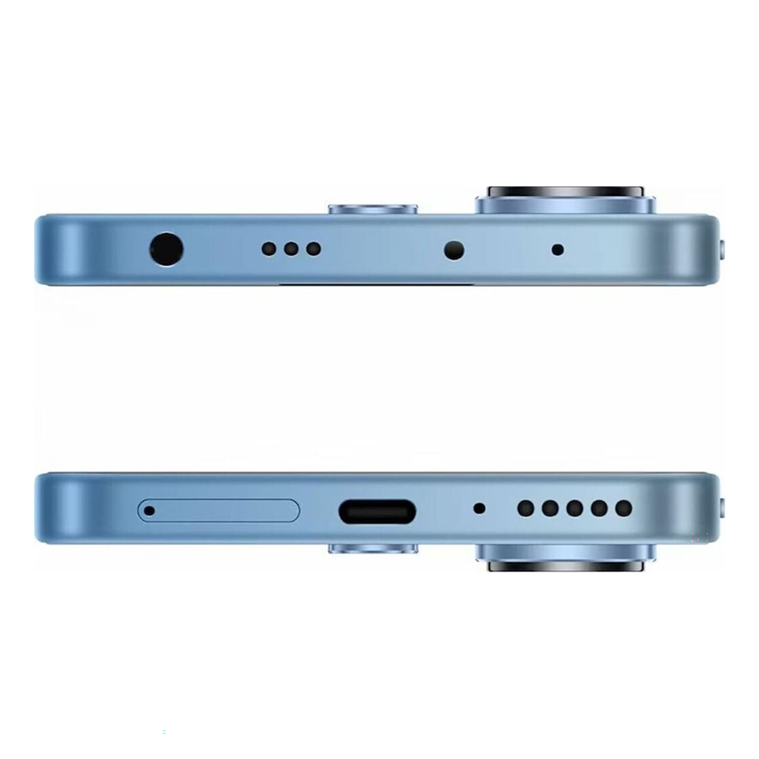 Górny i dolny widok jasnoniebieskiego smartfona, pokazujący porty i maskownice głośników.