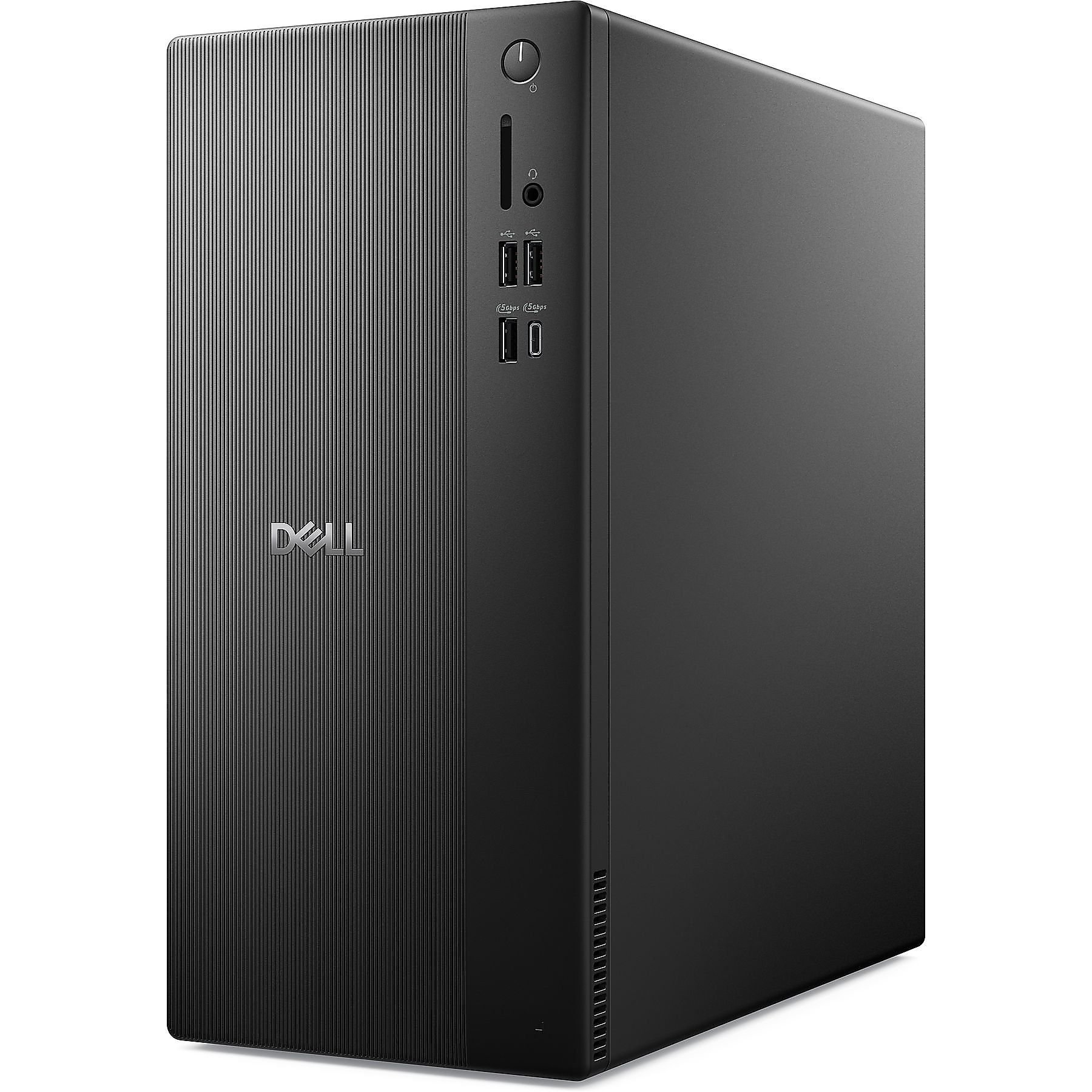 Un case desktop Dell nero con linee verticali e porte frontali.