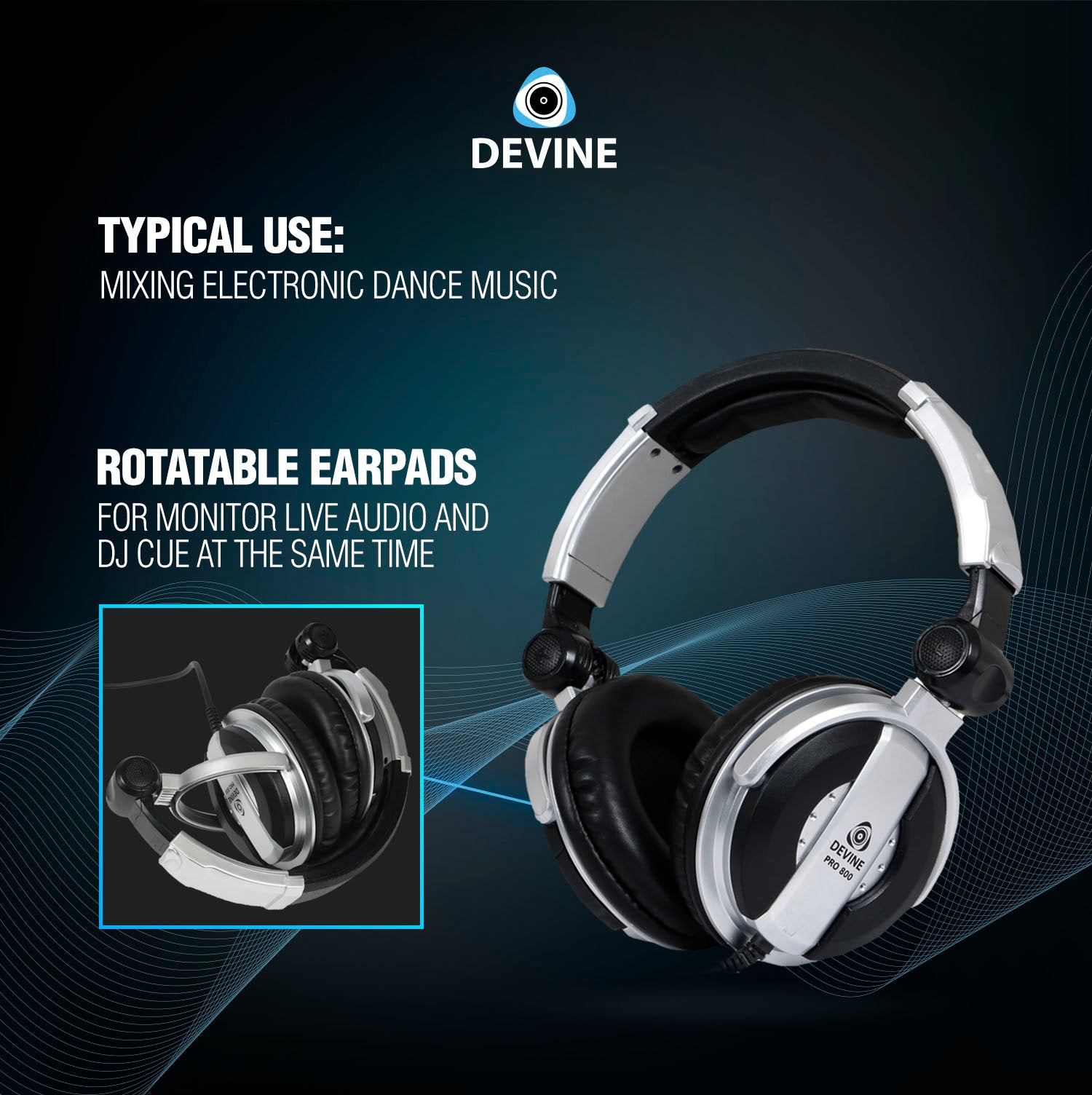 Silver and black headphones on a dark background with a wave pattern.