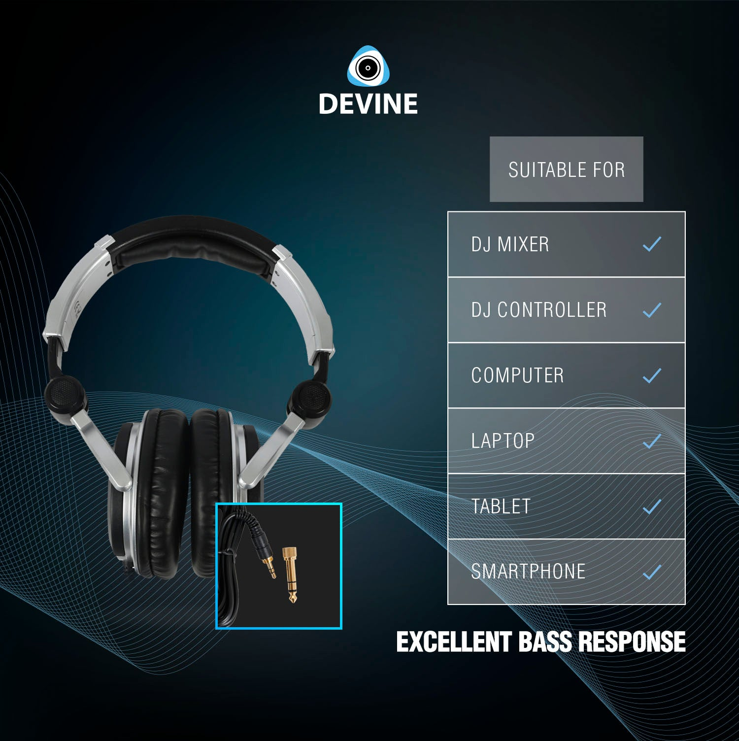 Black headphones with silver accents, cable, and adapter.