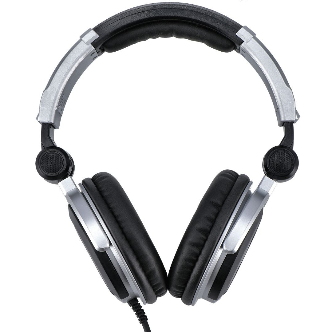 Silver and black headphones with padded earcups and a cushioned headband. On white background.