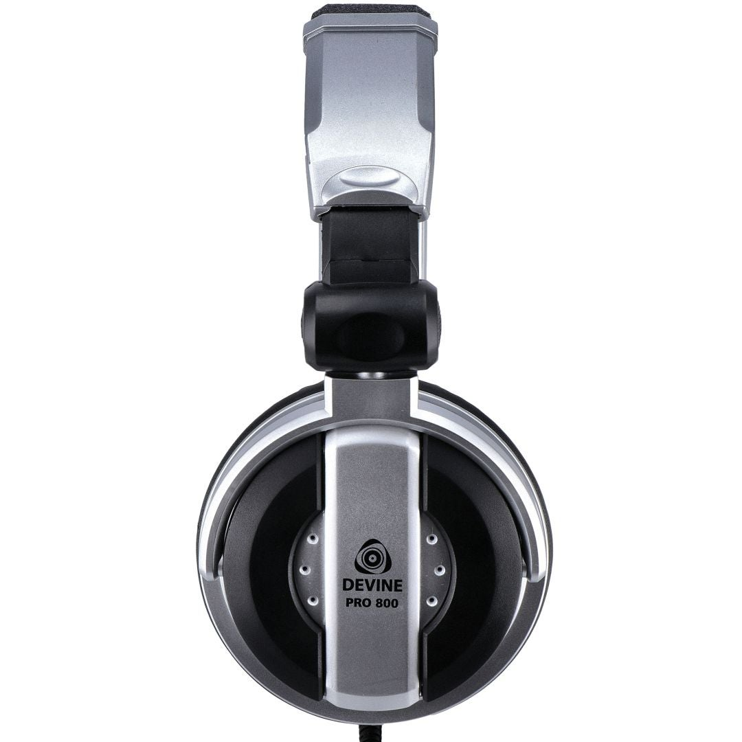 Silver headphones with black padding and DEVINE PRO 800 branding.