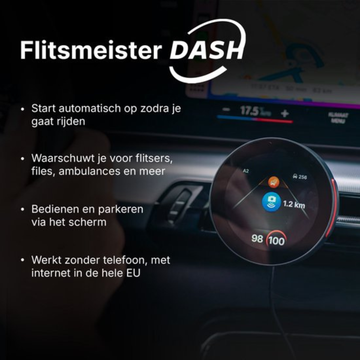 The Flitsmeister DASH device in a car displays navigation and speed.