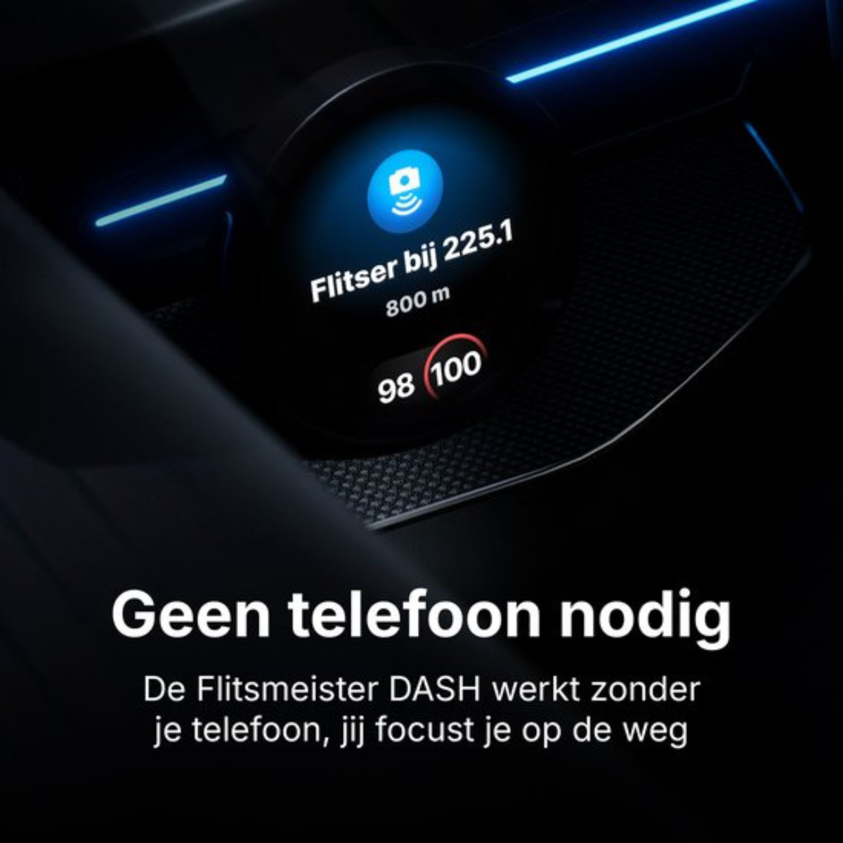 Digital dashboard with speed camera alert at 225.1 km/h in 800m.