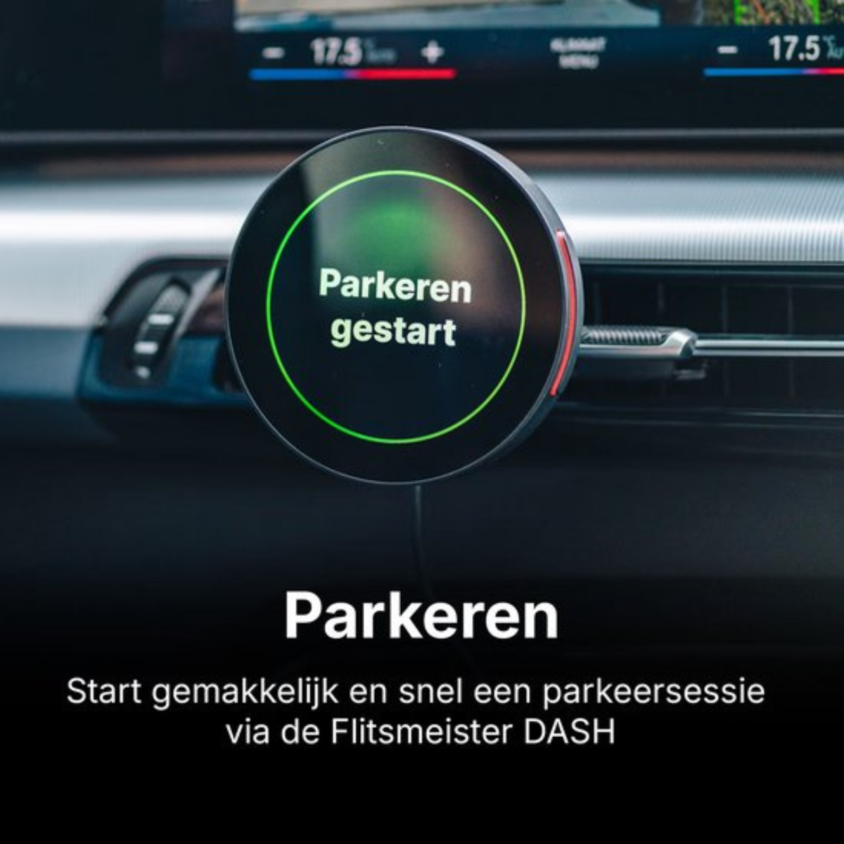 Round car display shows "Parkeren gestart" (Parking started).