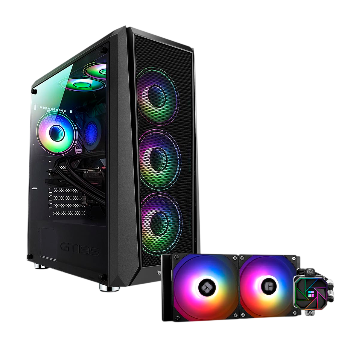 Una caja de PC negra con ventiladores RGB y un enfriador líquido RGB.
