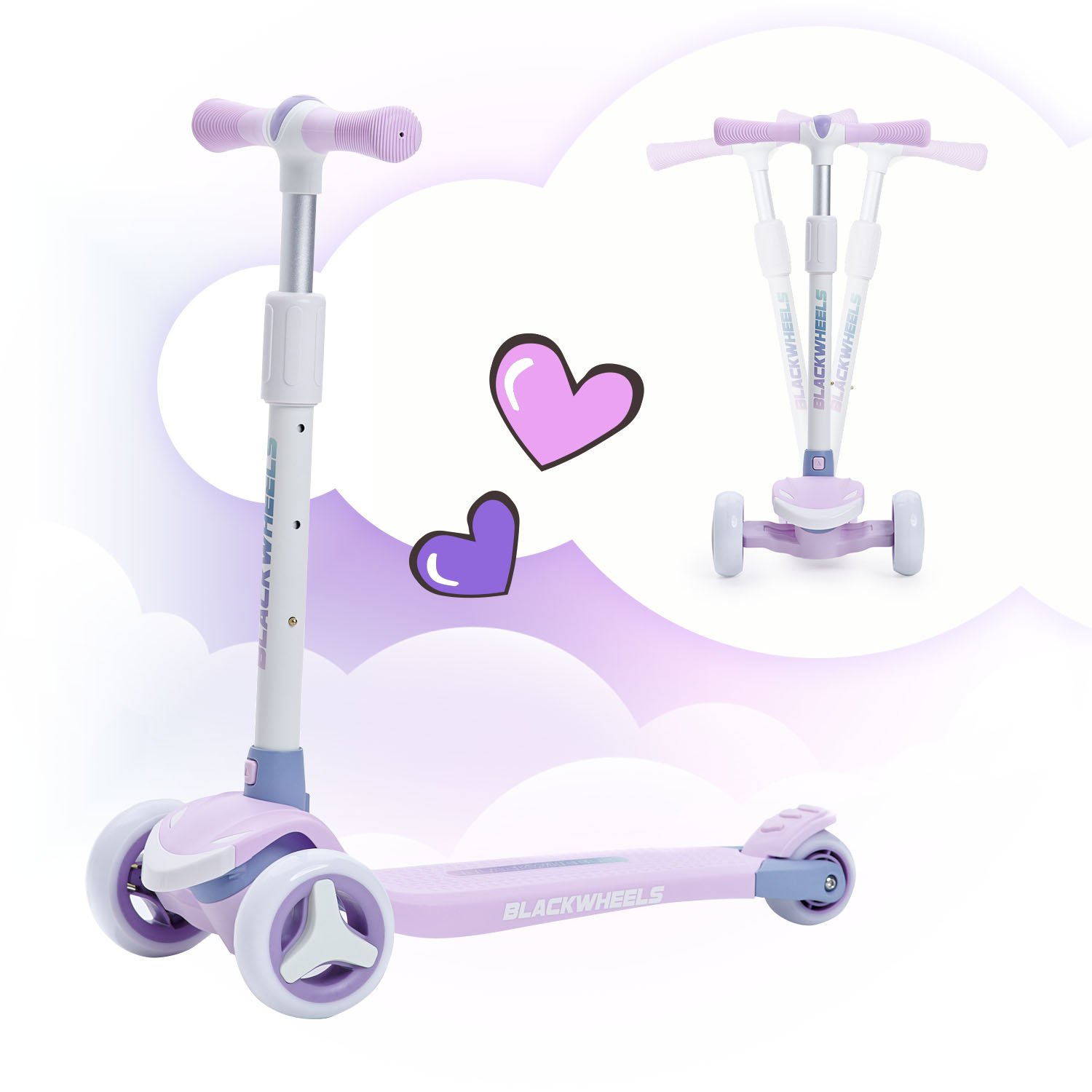 Un monopattino viola e bianco a tre ruote con illustrazioni a cuore.