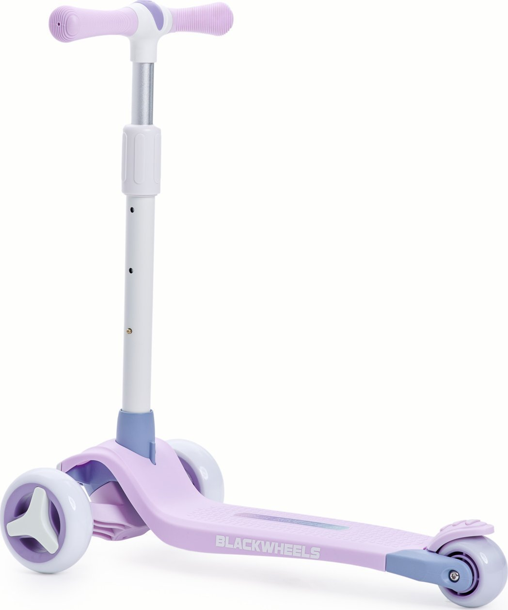 Uno scooter a tre ruote lilla con manico argentato e ruote bianche.