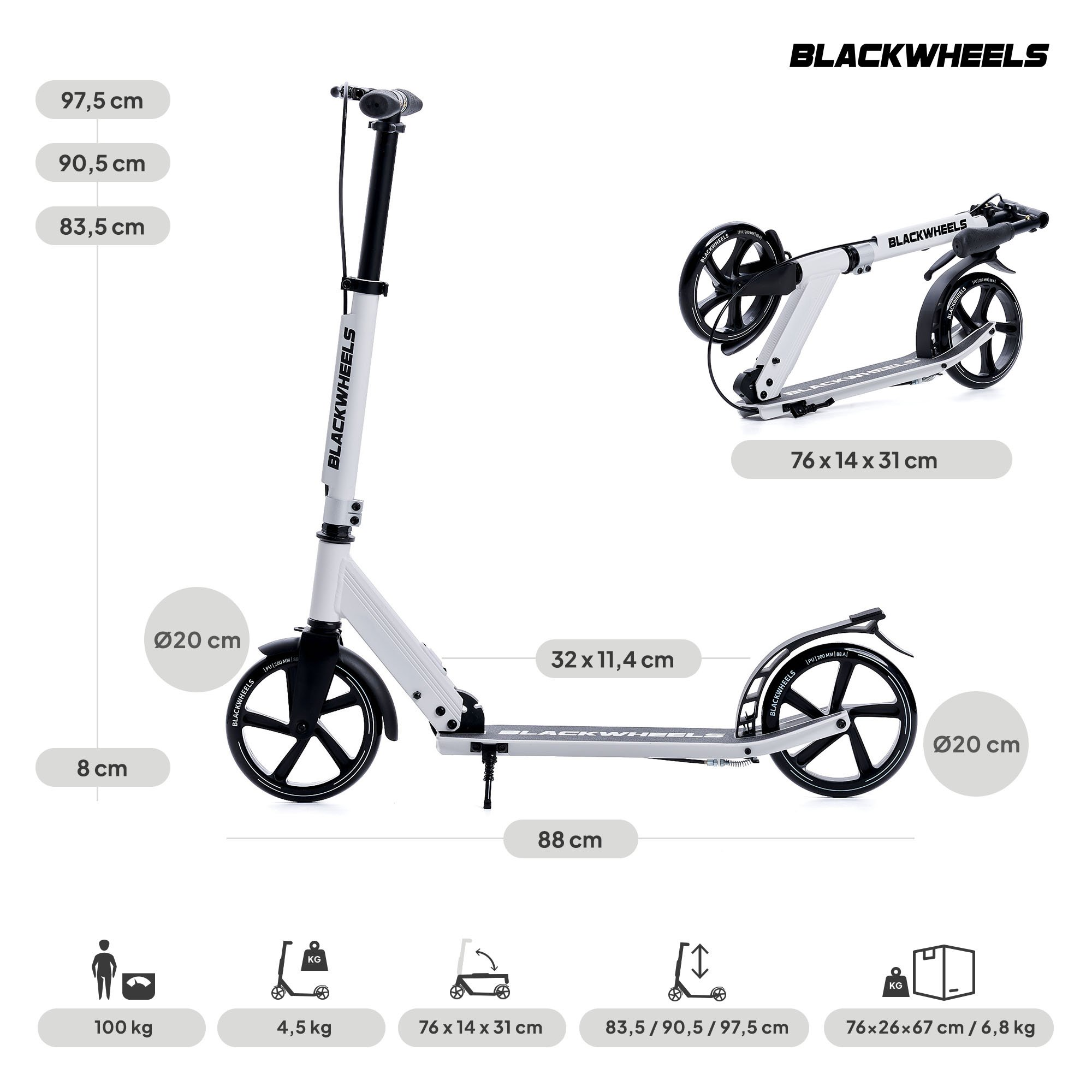 Un patinete blanco con detalles negros y dimensiones. Máx. 100kg.