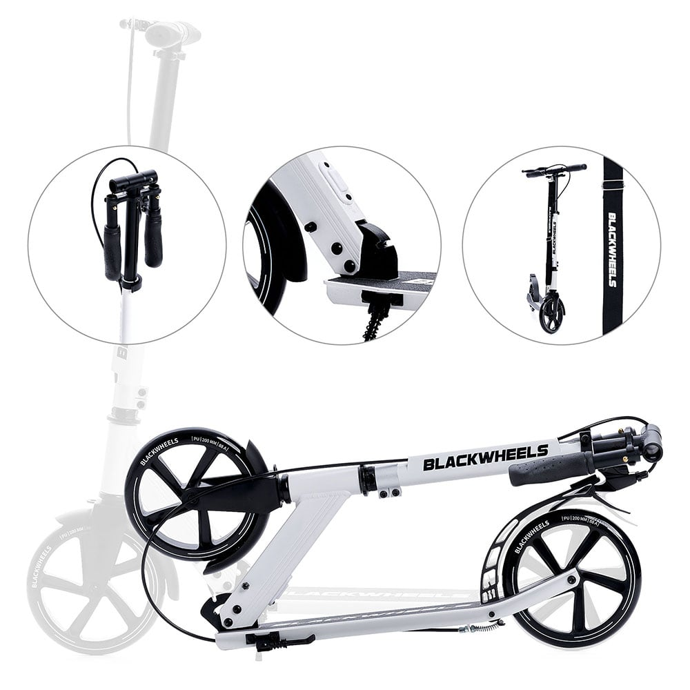 Un patinete blanco con tres primeros planos del manillar, la plataforma y el patinete completo.