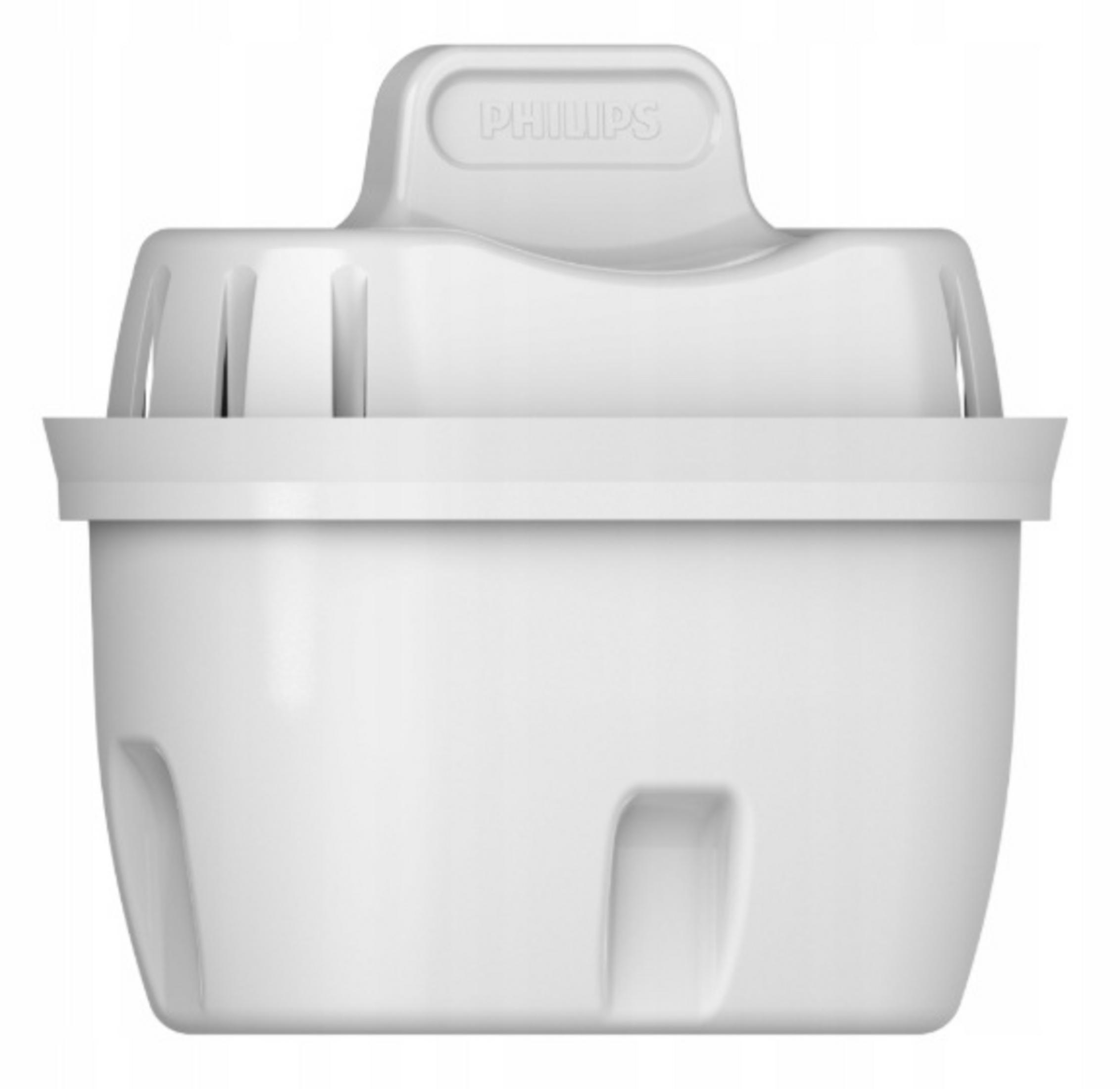 Un filtro acqua Philips bianco con manico in alto e fessure.