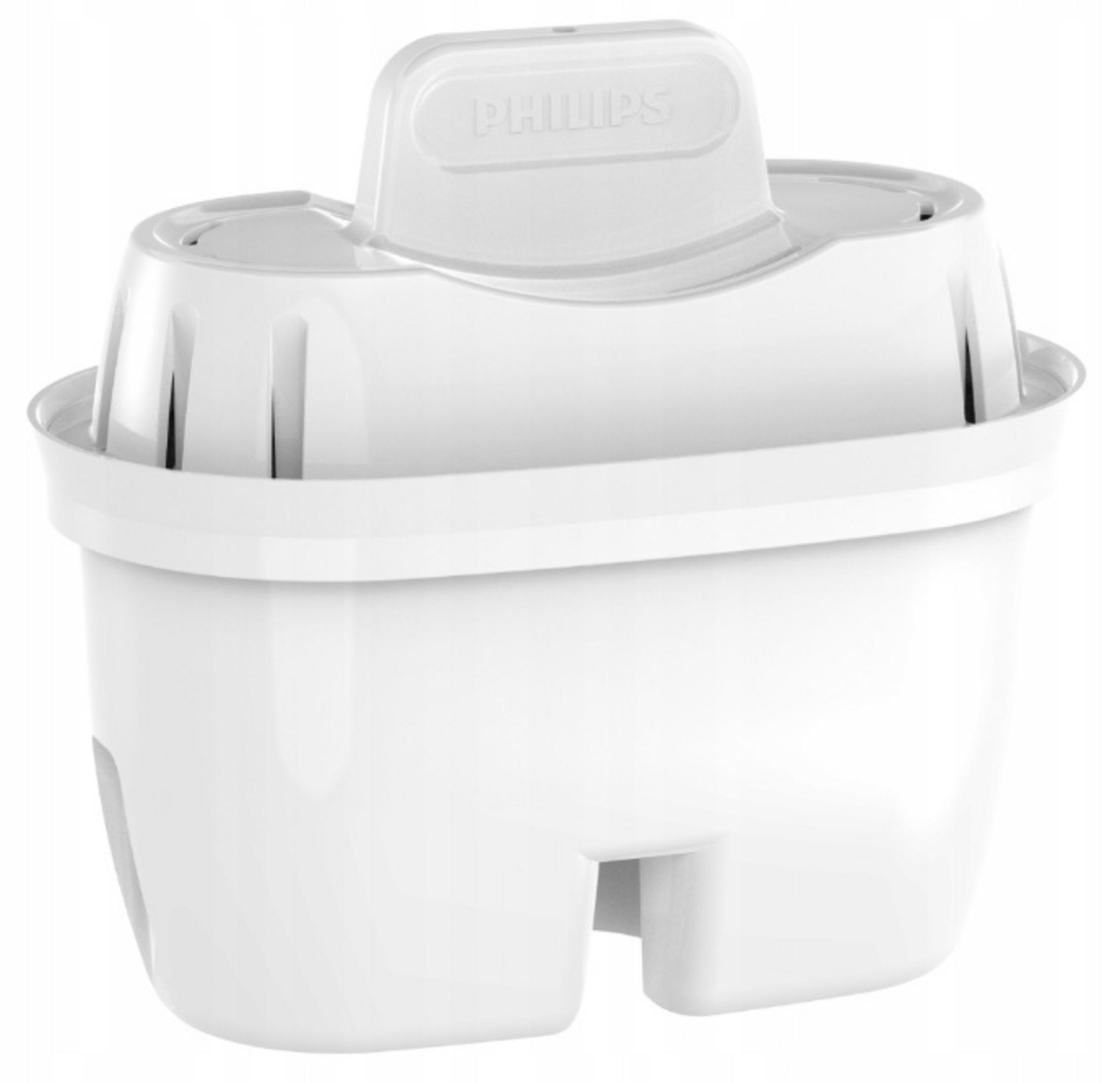 Un filtro acqua Philips bianco con coperchio. Design pulito e moderno.