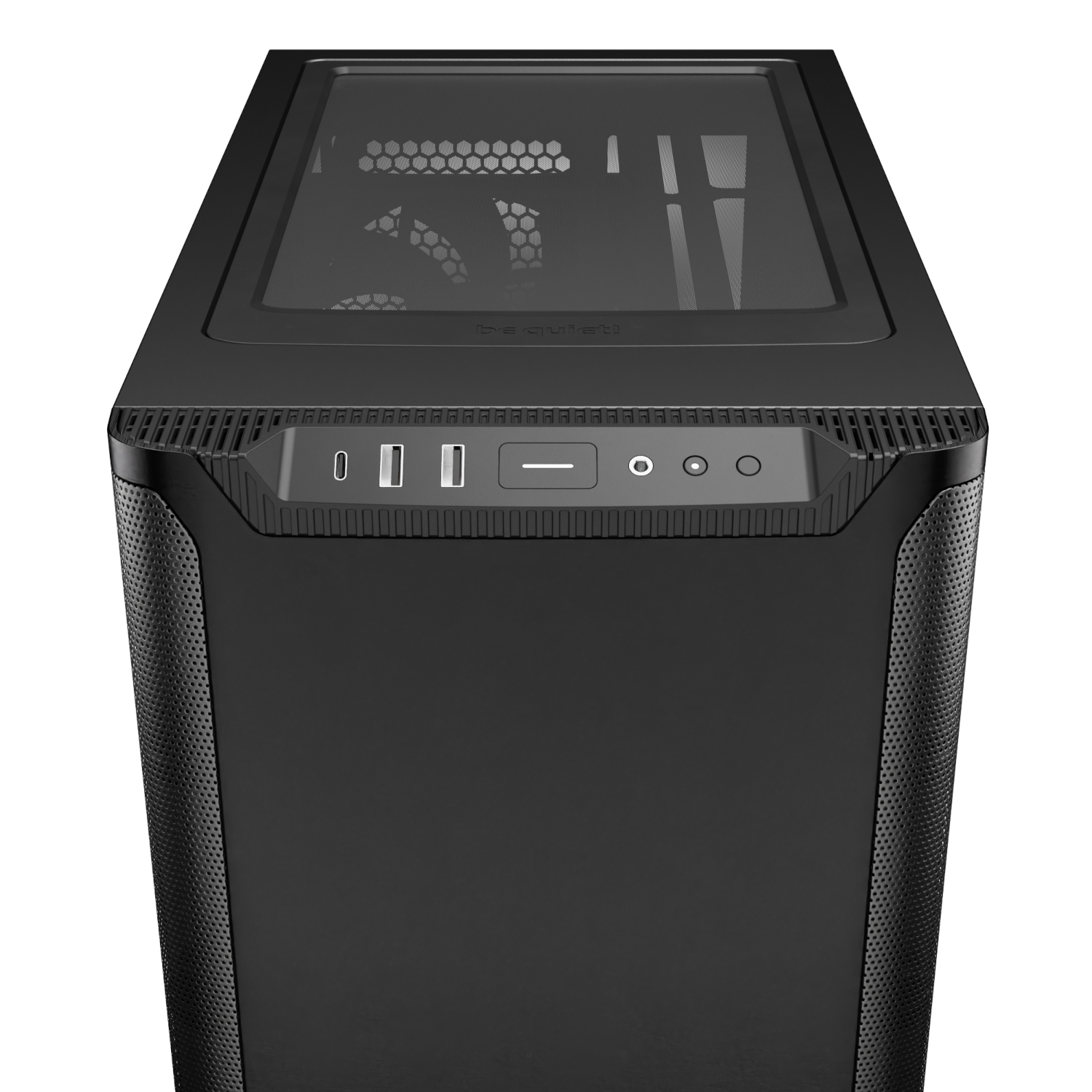 Caja de PC negra con tapa de cristal y puertos frontales.