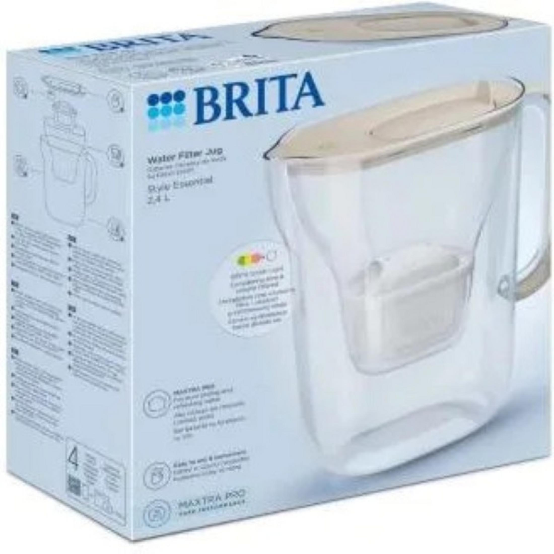 Caraffa Brita filtrante in scatola, trasparente con coperchio beige.