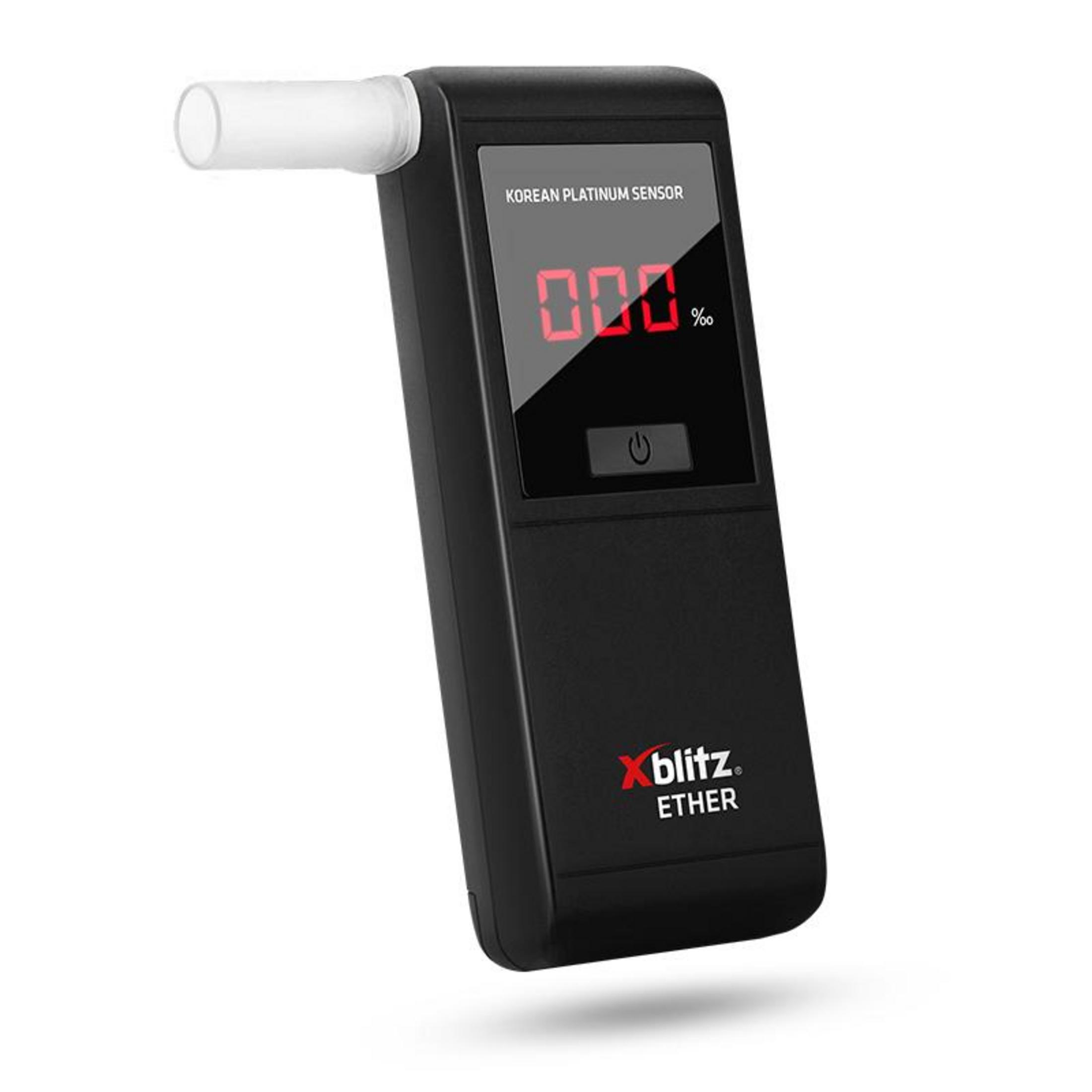 Schwarzer Alkoholtester mit rotem Digitaldisplay und Mundstück.