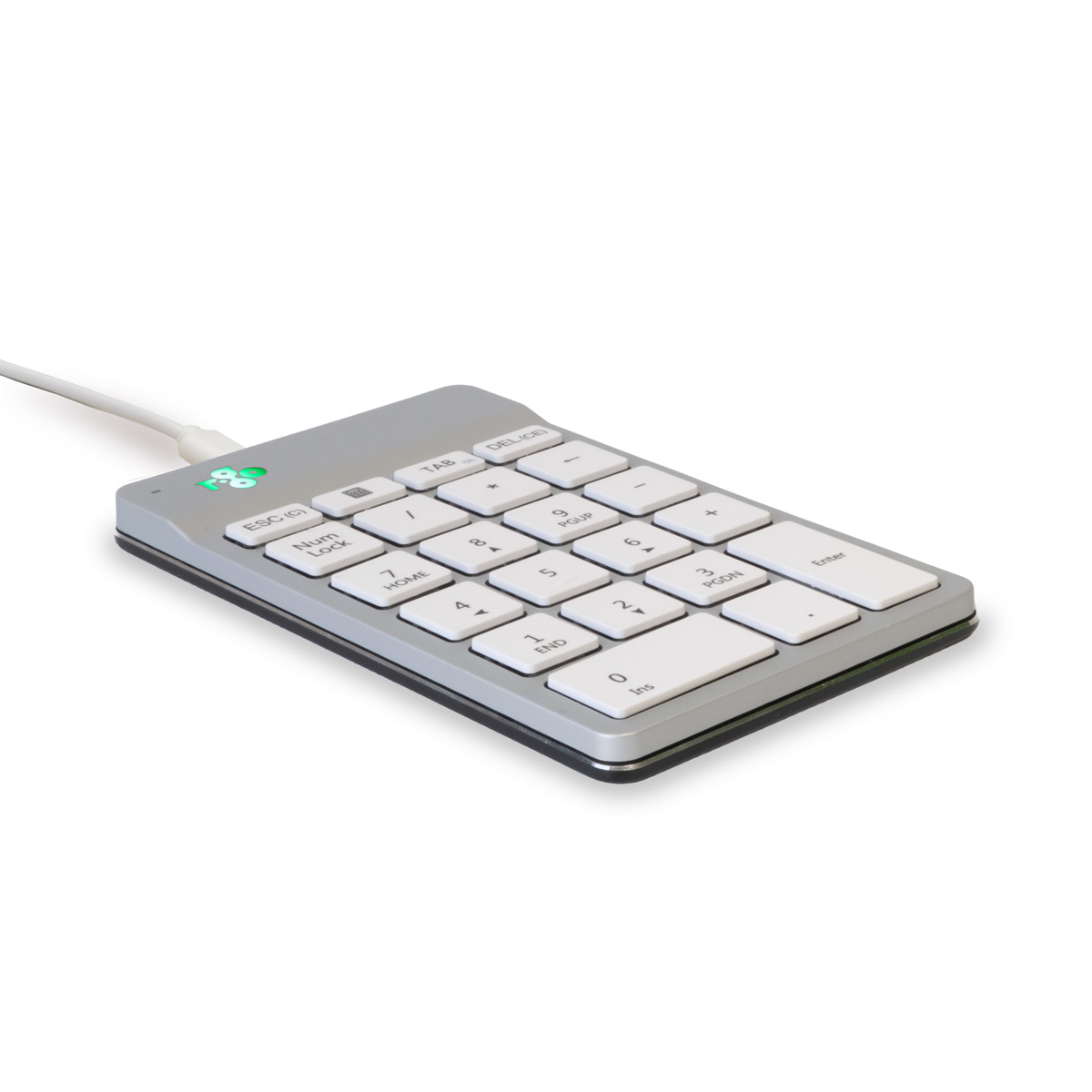 Een grijs numeriek toetsenbord met witte toetsen en een witte kabel, geïsoleerd op wit.