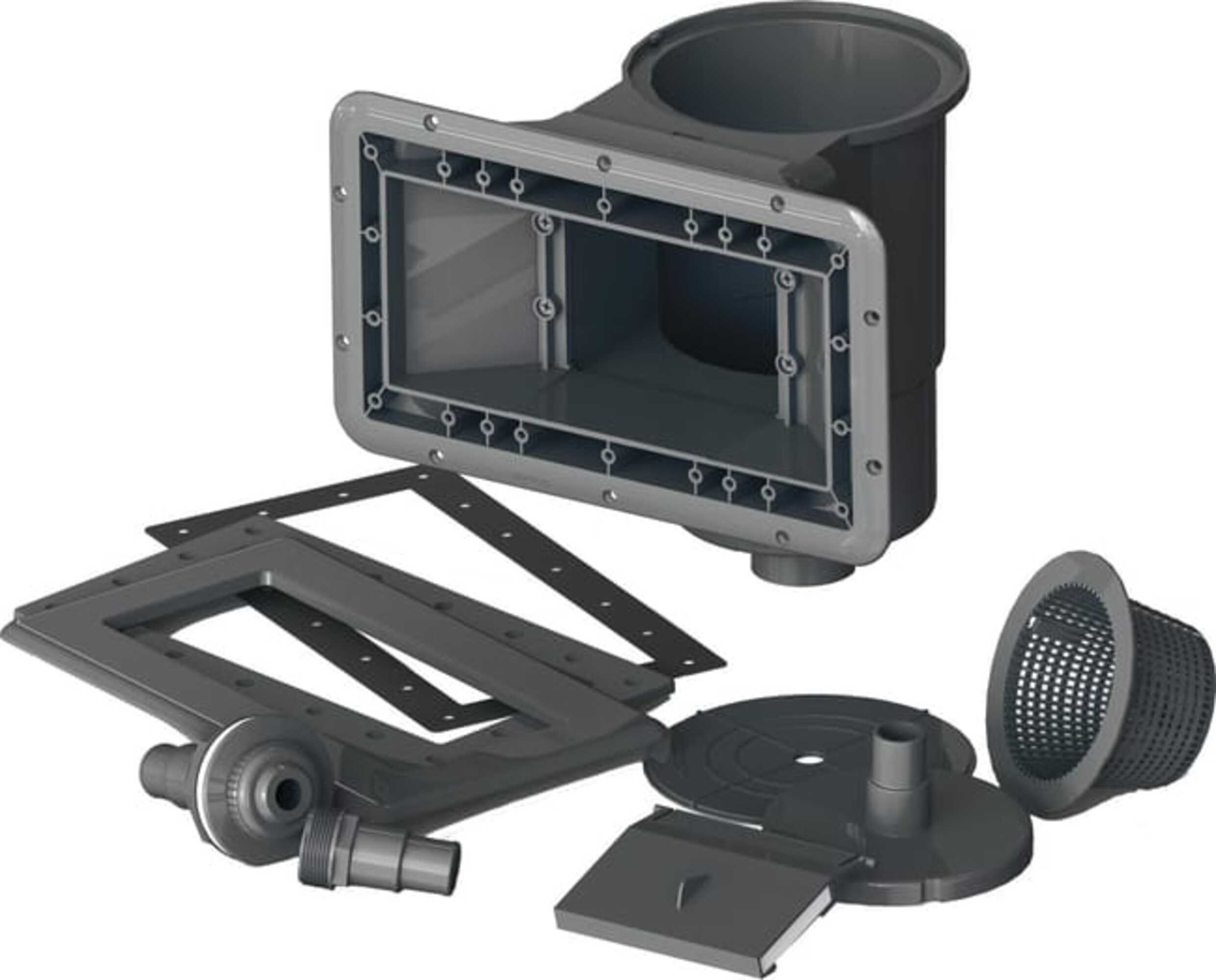 Conjunto de skimmer de piscina negro con carcasa, marco y cesta.