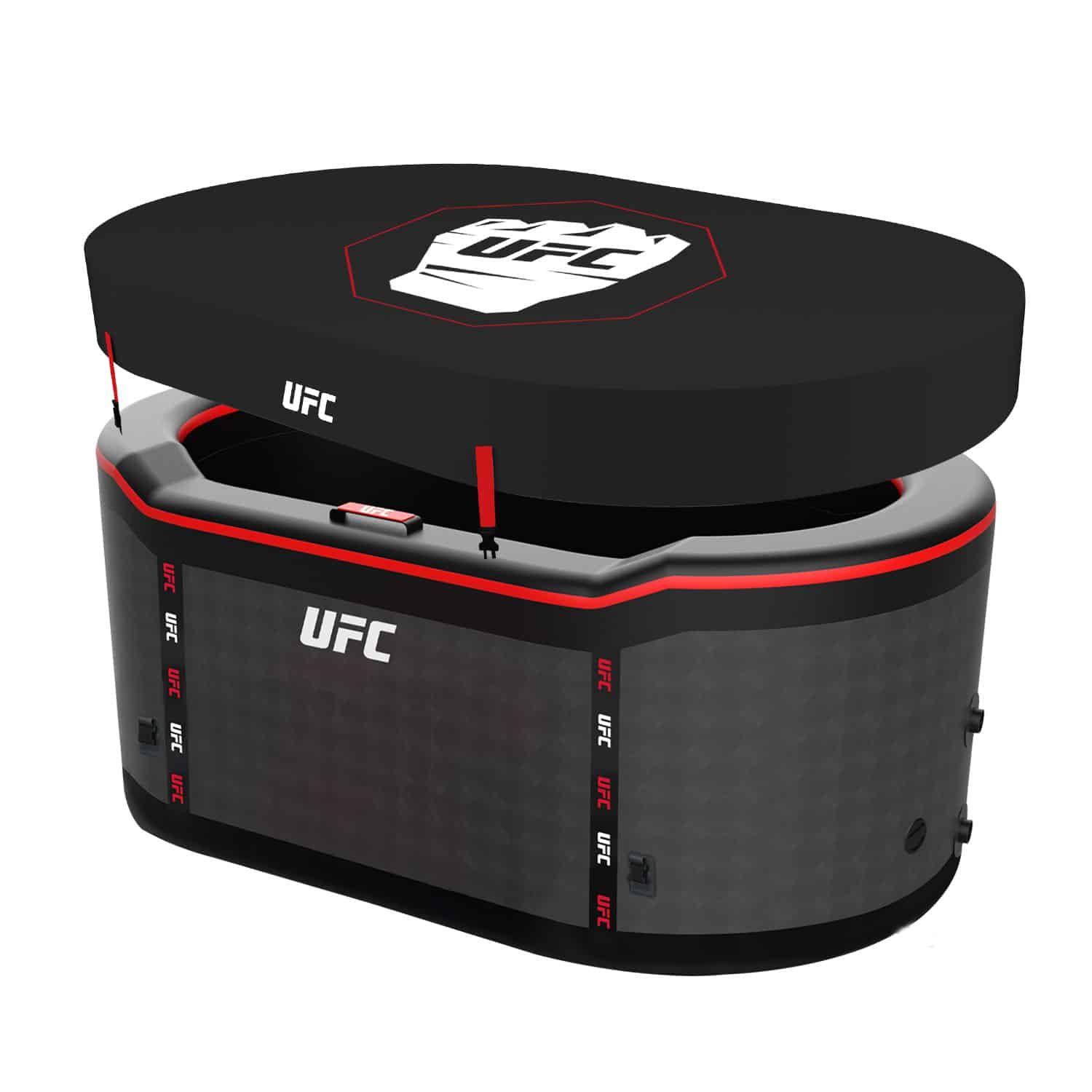 Tina inflable UFC gris con cubierta negra y ribete rojo. Logos UFC visibles.